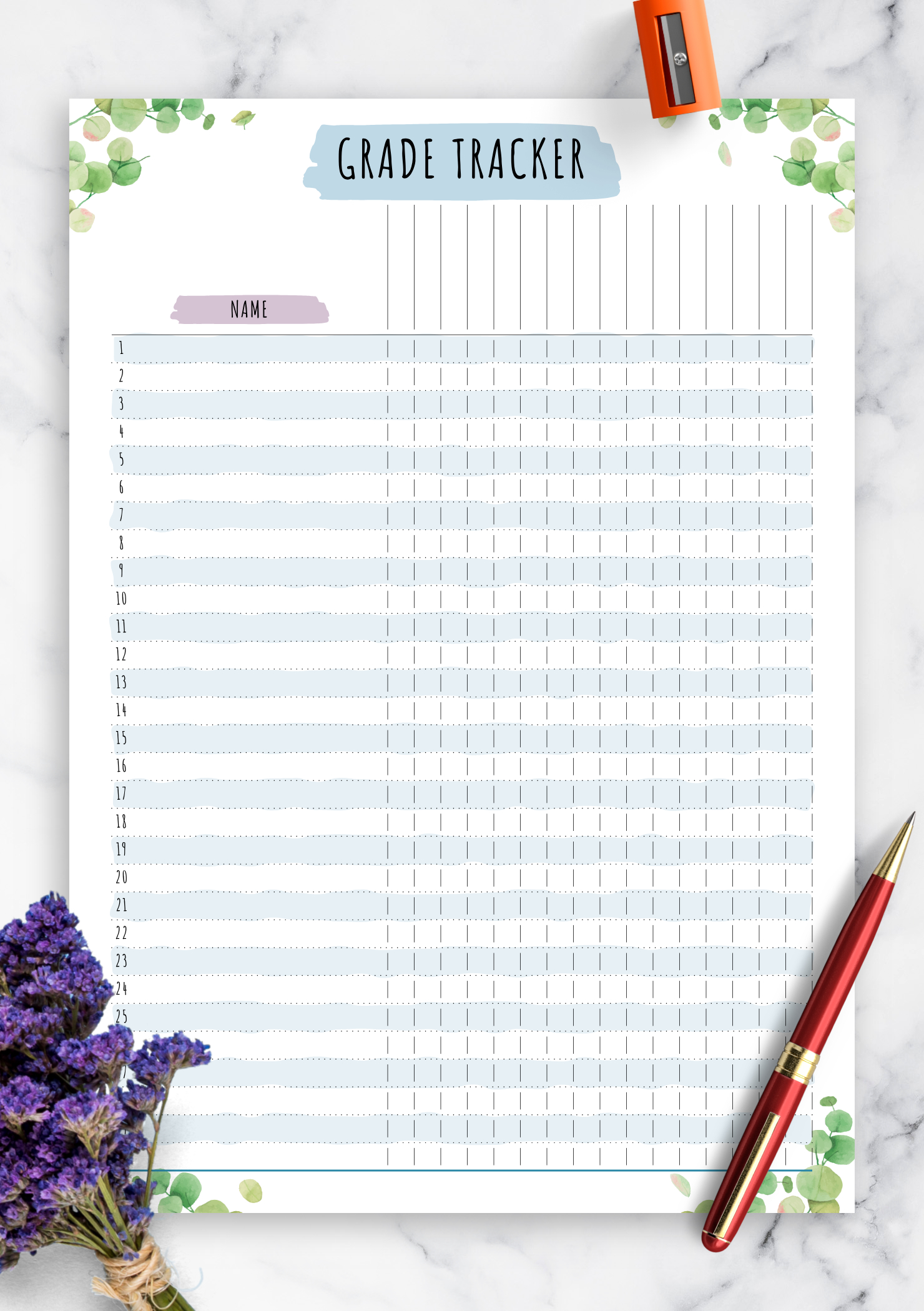 Download Printable Gradebook Template - Floral Style Pdf regarding Free Printable Grade Sheet