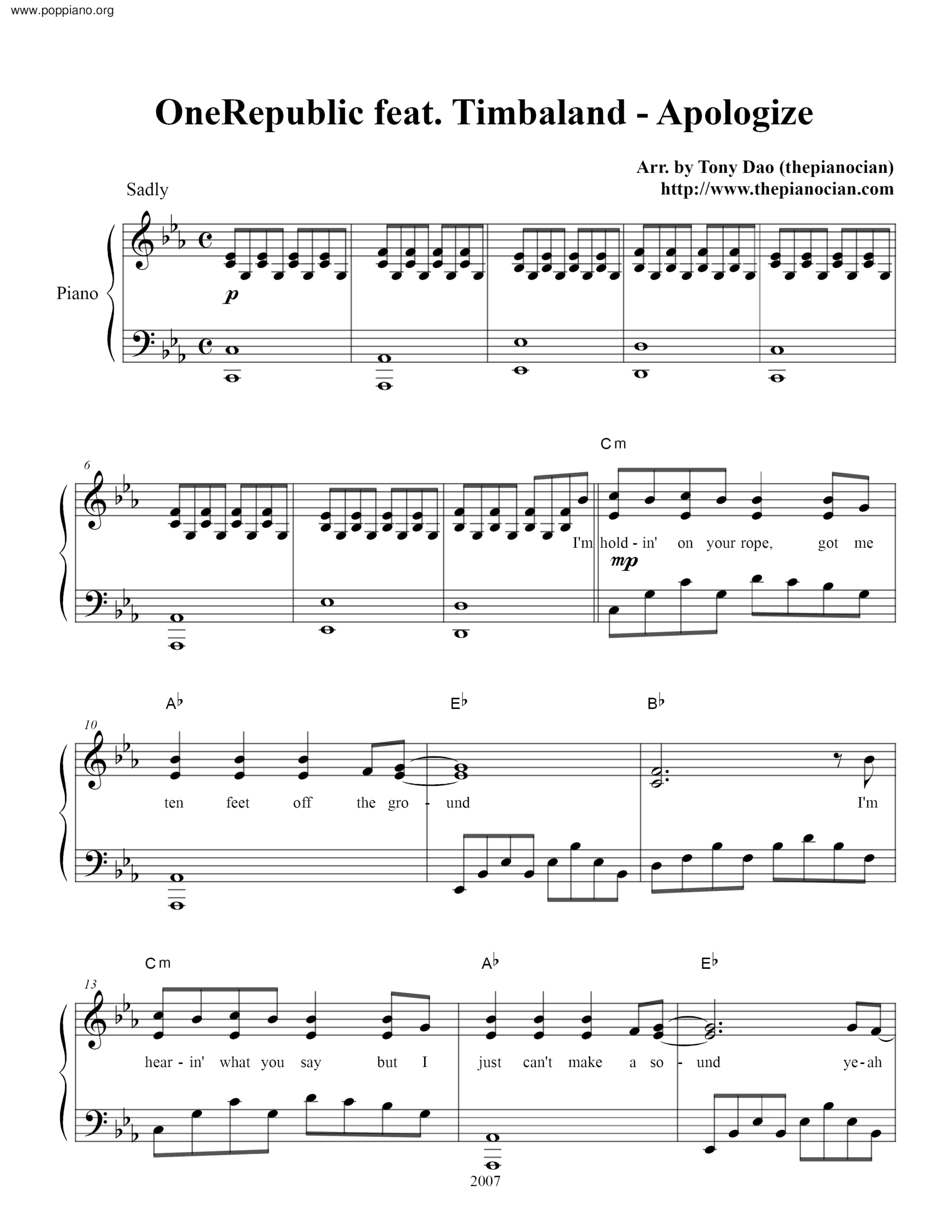 ☆ Onerepublic-Apologize Sheet Music Pdf, - Free Score Download ☆ in Apologize Piano Sheet Music Free Printable