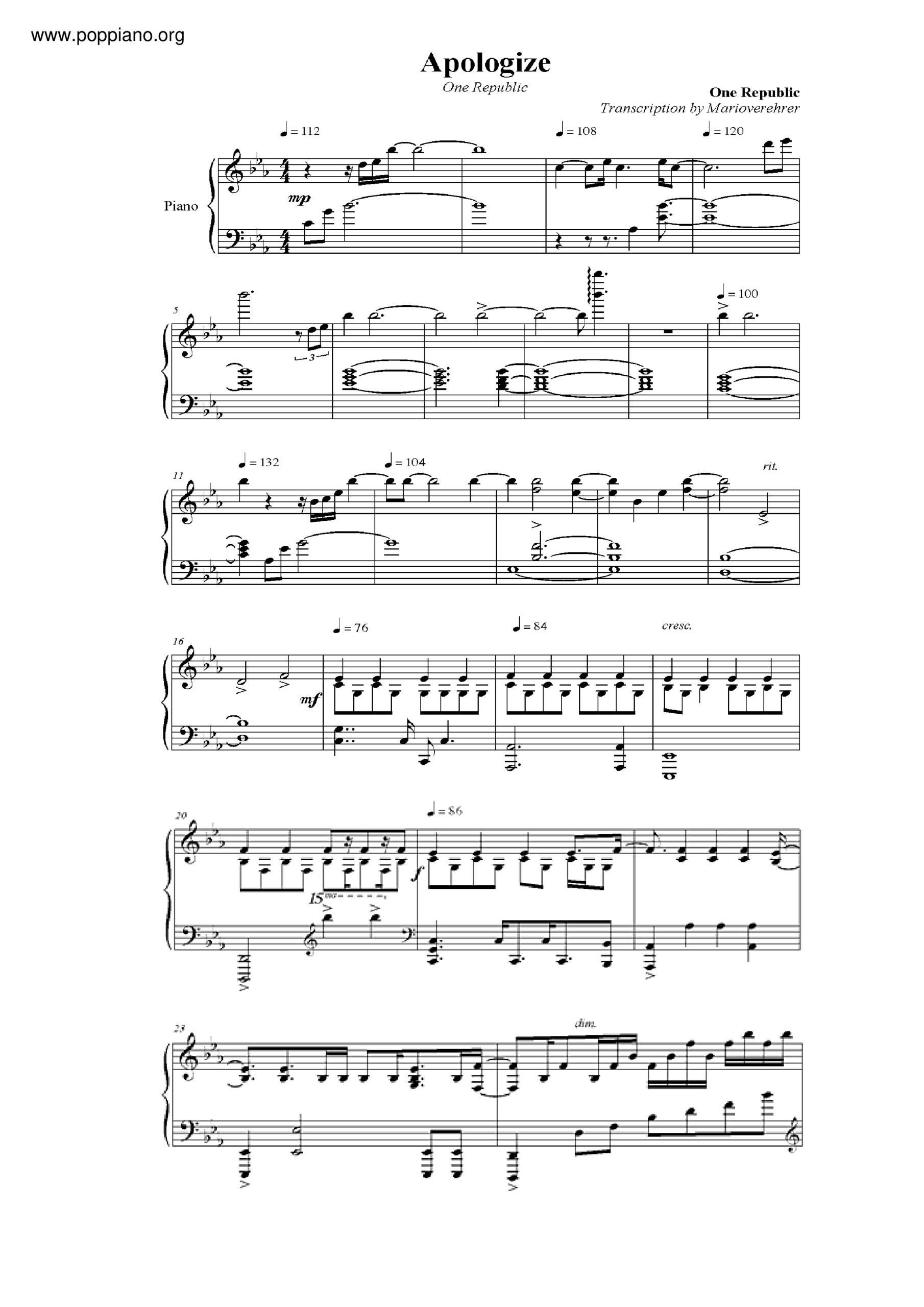 ☆ Onerepublic-Apologize Sheet Music Pdf, - Free Score Download ☆ with regard to Apologize Piano Sheet Music Free Printable