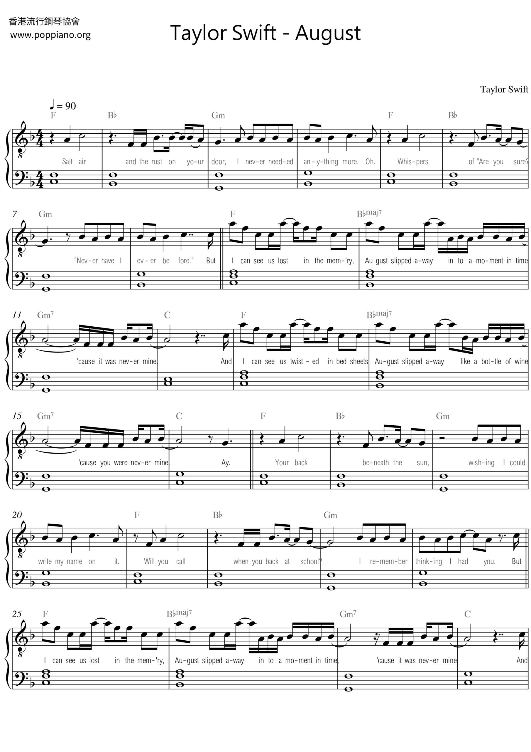 ☆ Taylor Swift-August Sheet Music Pdf, - Free Score Download ☆ with Taylor Swift Mine Piano Sheet Music Free Printable