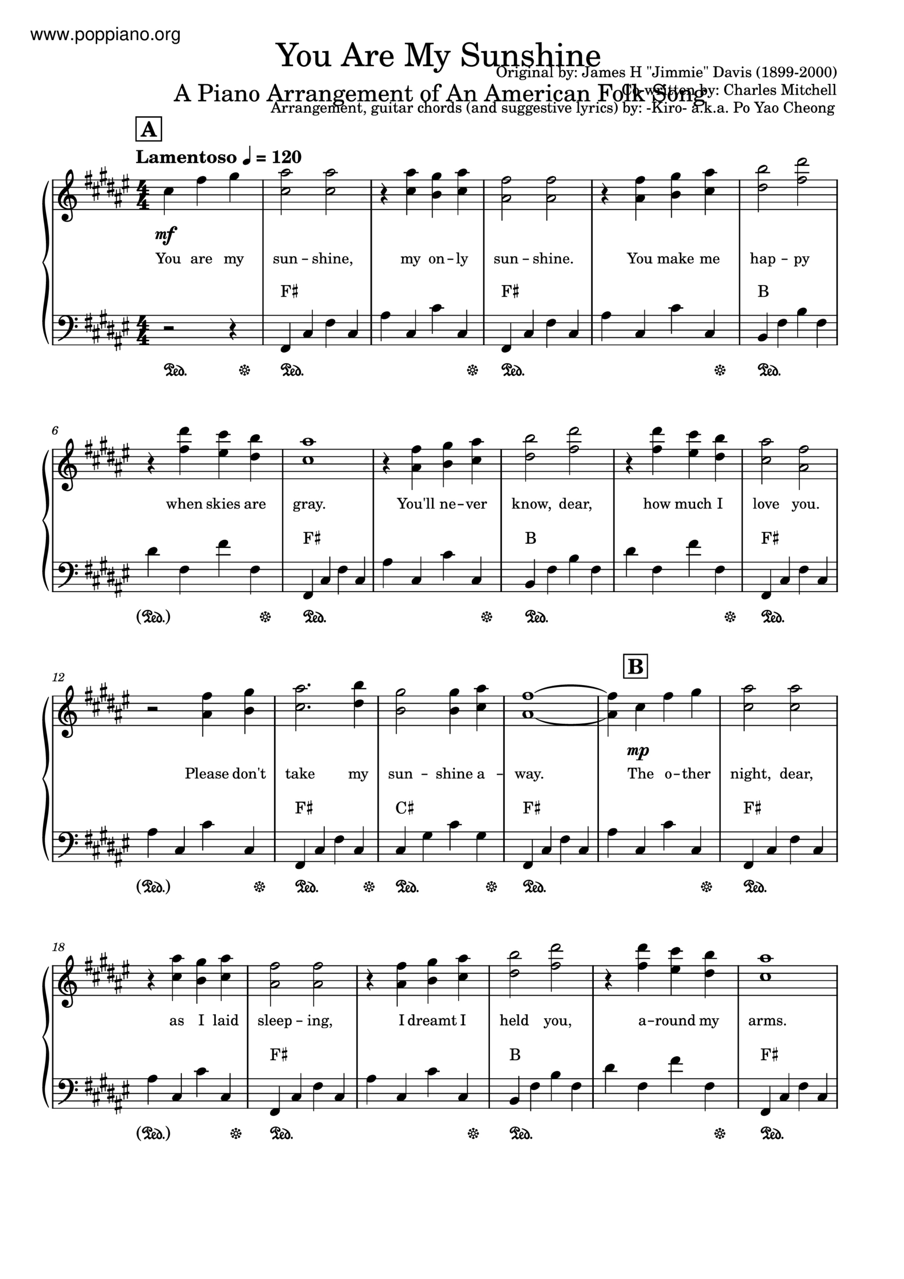 ☆ You Are My Sunshine | Sheet Music | Piano Score Free Pdf with regard to Free Printable Piano Sheet Music For You Are My Sunshine