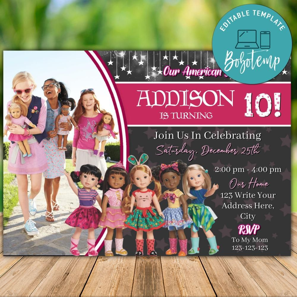 Editable American Girl Doll Birthday Invitation Instant Download intended for American Girl Party Invitations Free Printable
