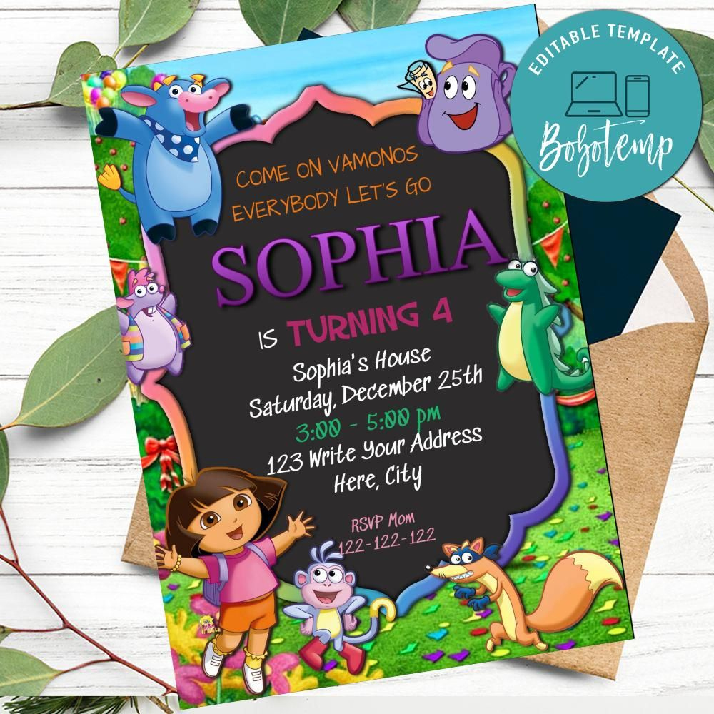 Editable Dora The Explorer Chalkboard Invitation Digital File within Dora the Explorer Free Printable Invitations