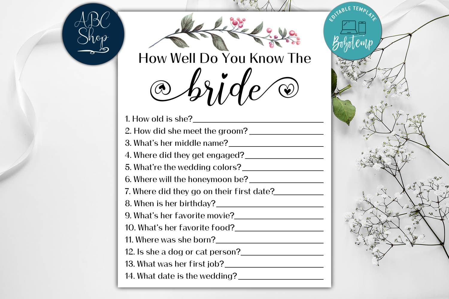 Editable How Well Do You Know The Bride Bridal Shower Game Diy with How Well Do You Know the Bride Game Free Printable