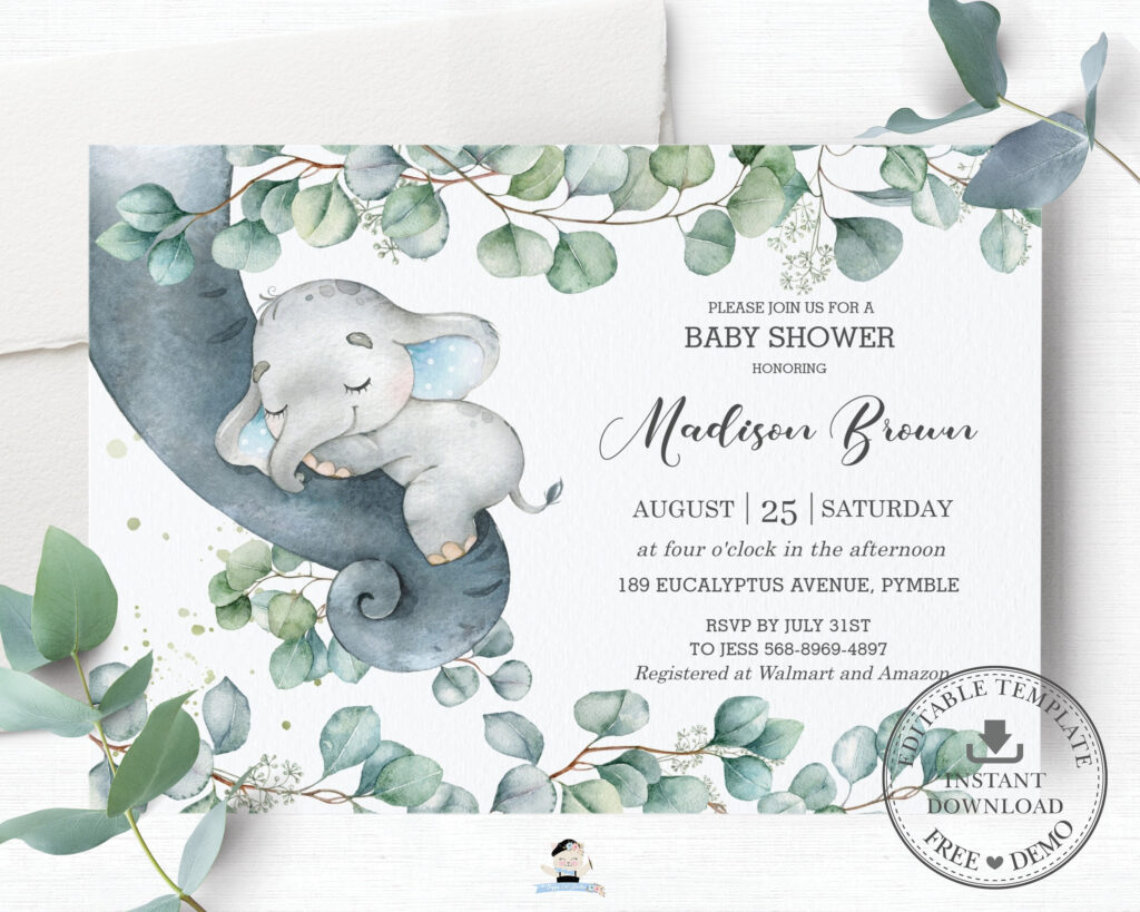 Elephant Baby Shower Invitation, Editable Template, Rustic With Regard To Free Printable Elephant Baby Shower Elephant Baby Shower Invitation, Editable Template, Rustic With Regard To Free Printable Elephant Baby Shower