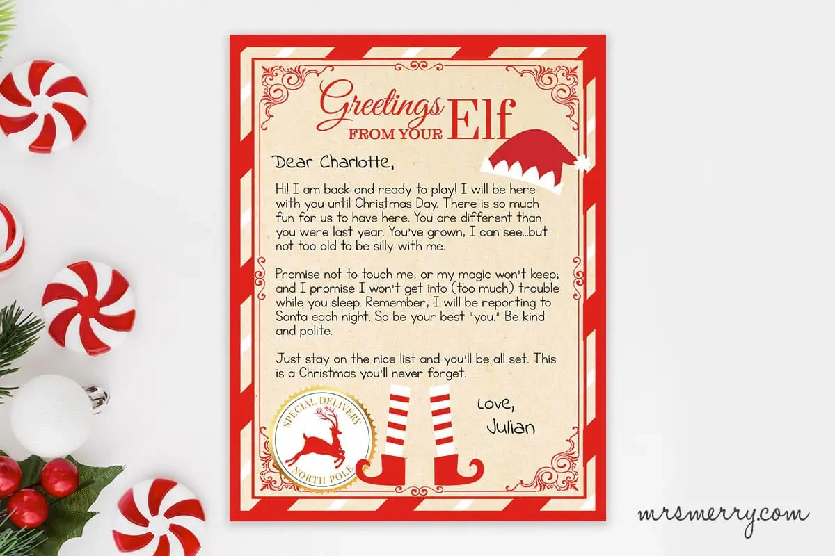 Elf On The Shelf Arrival Letter Personalized Printable | Mrs. Merry for Free Printable Elf on Shelf Arrival Letter