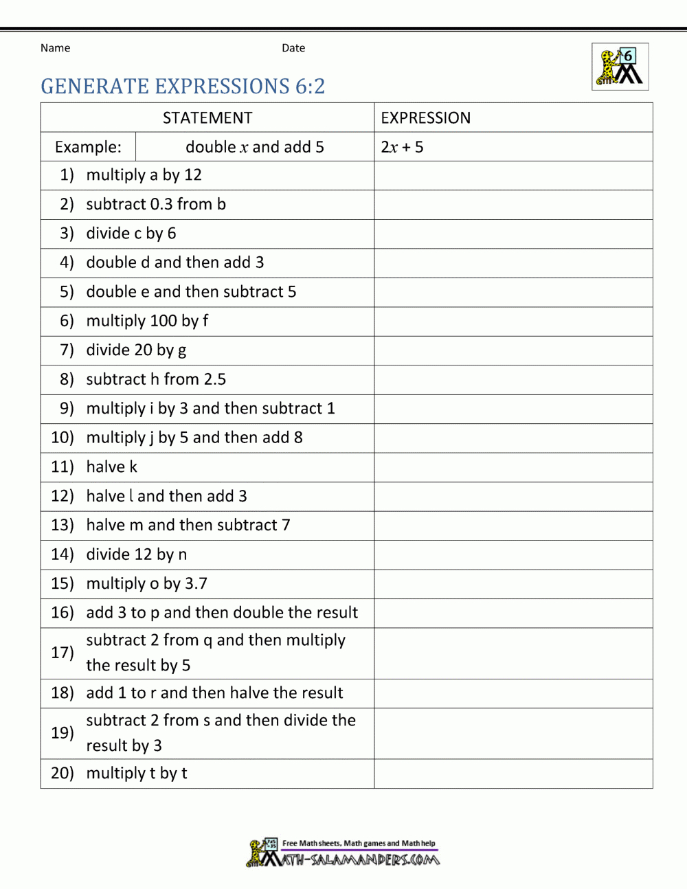 Expressions And Equations 6Th Grade intended for Free Printable Algebra Worksheets Grade 6