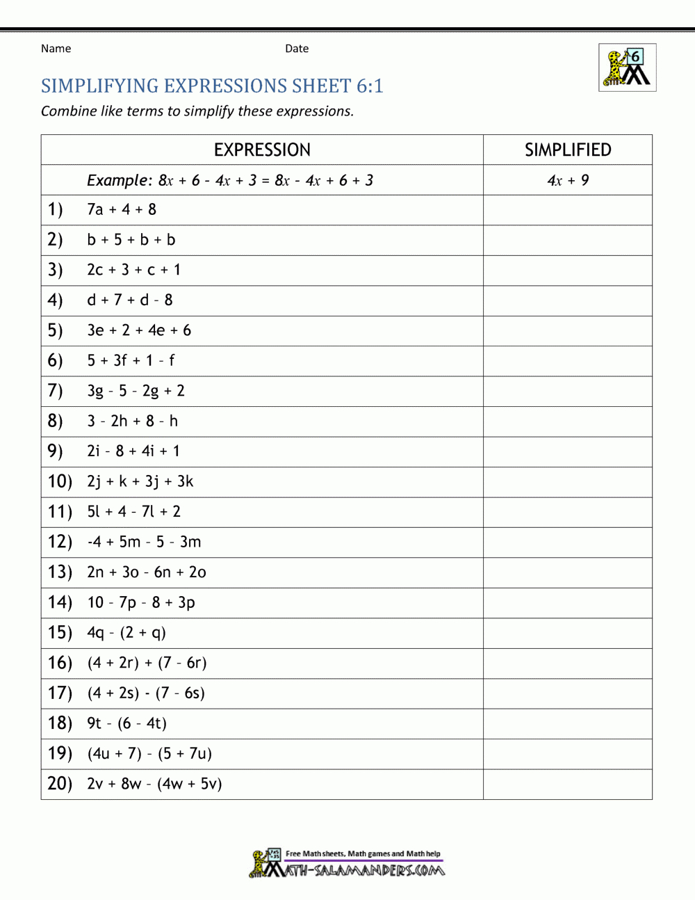 Expressions And Equations 6Th Grade with Free Printable Algebra Worksheets Grade 6