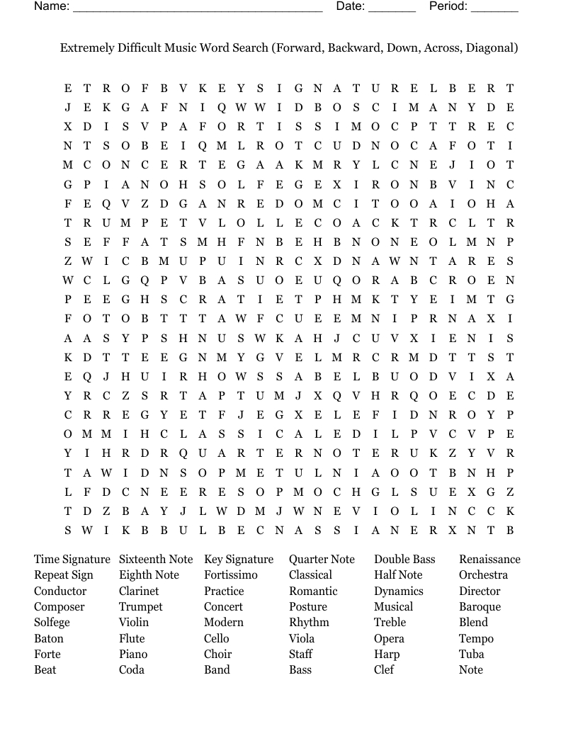 Extremely Difficult Music Word Search (Forward, Backward, Down in Free Printable Music Word Searches