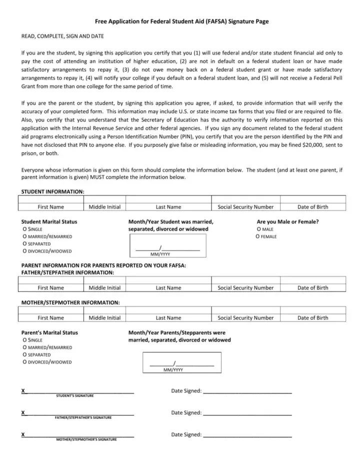Free Printable Fafsa Application Form