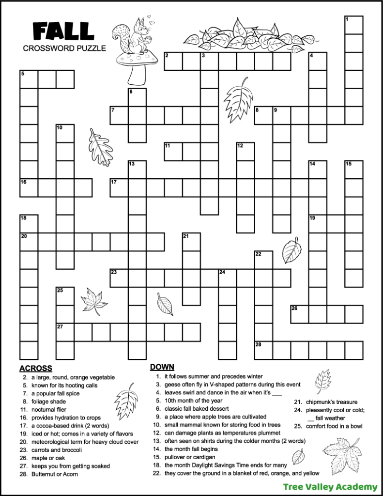 Fall Crossword Puzzle For Middle School - Tree Valley Academy pertaining to Free Printable Crosswords Medium