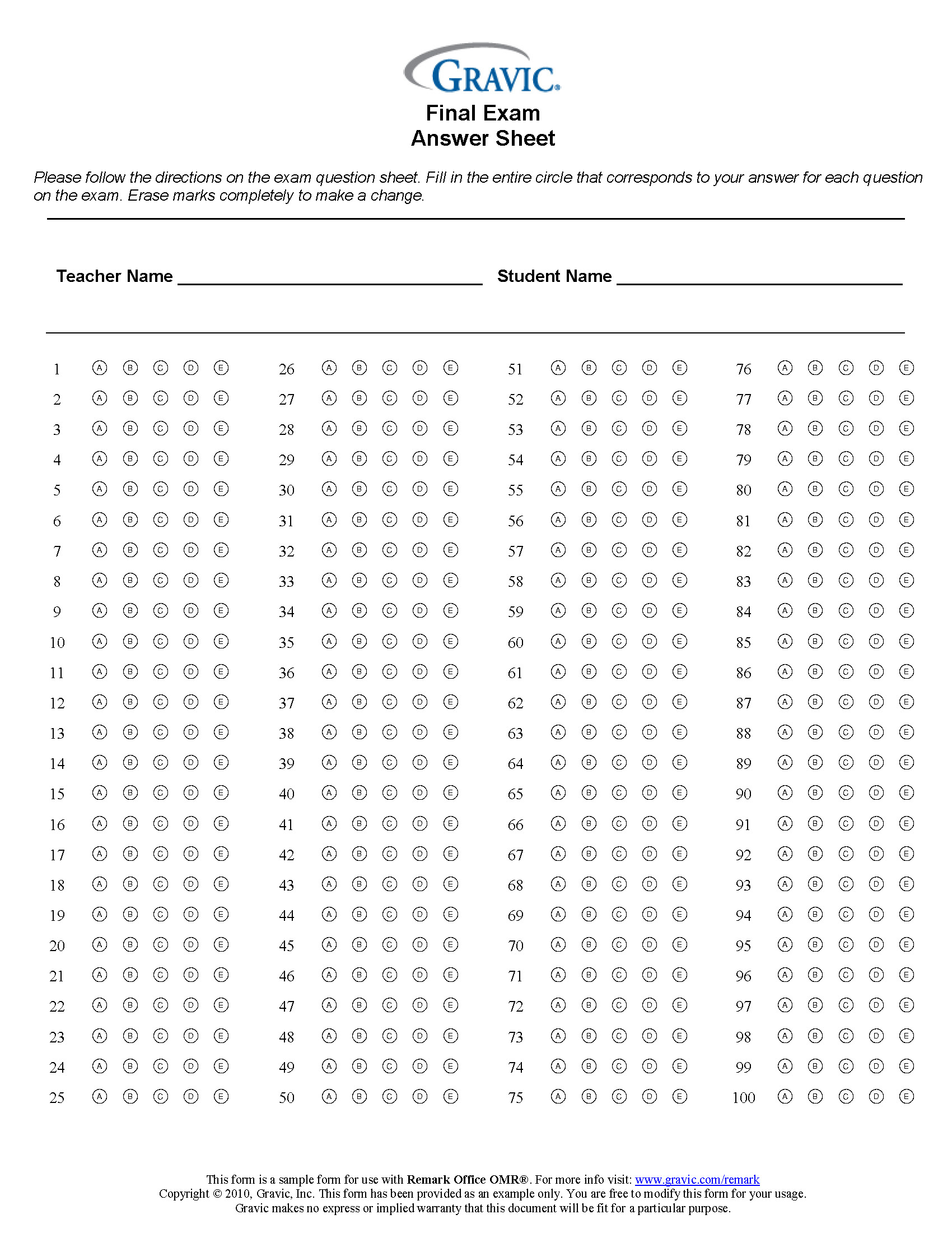 Final Exam 100 Question Test Answer Sheet · Remark Software with regard to Free Printable Bubble Answer Sheets