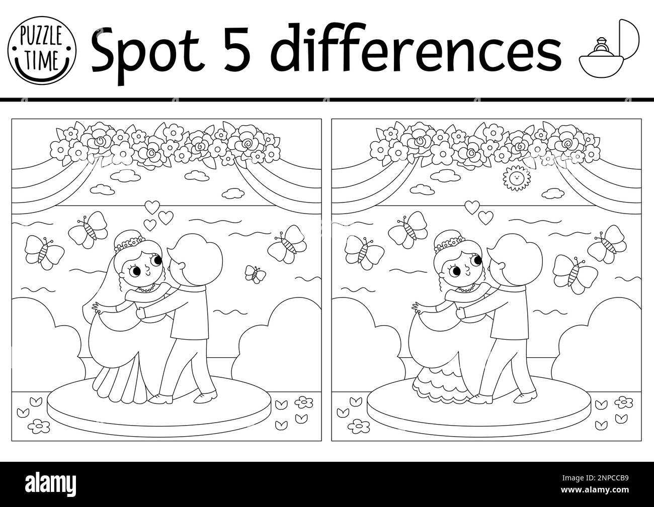 Find Differences Game For Children. Wedding Black And White pertaining to Free Printable Spot The Difference For Kids