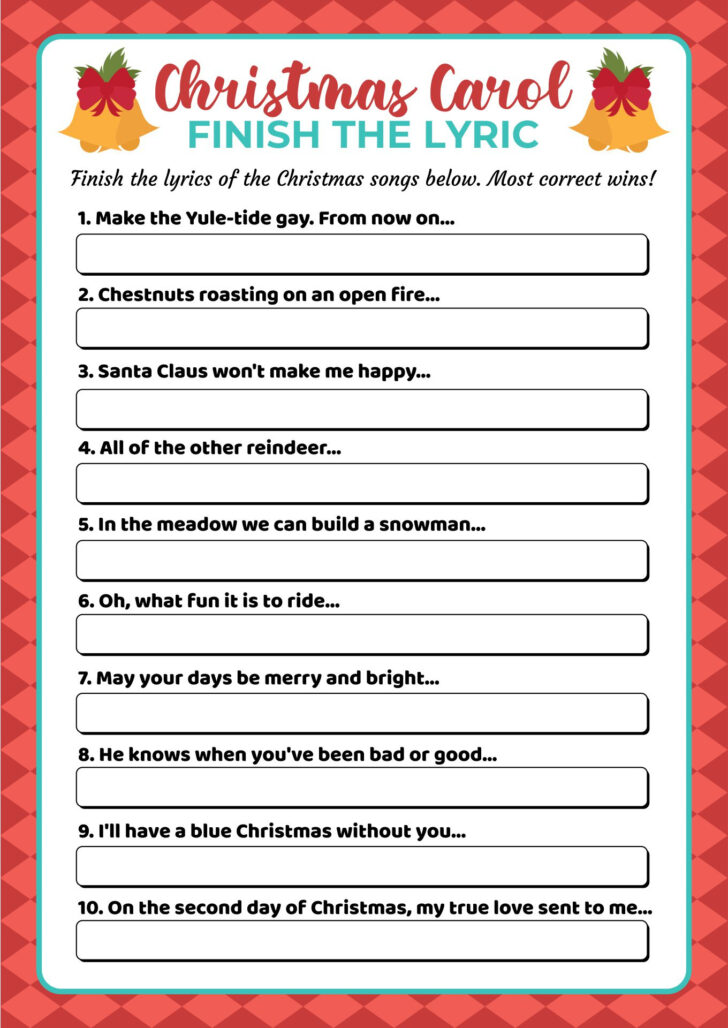 Christmas Song Lyrics Game Free Printable