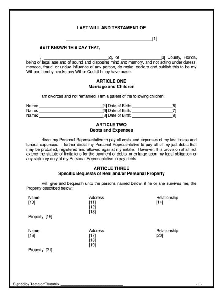 Free Printable Last Will and Testament Blank Forms Florida