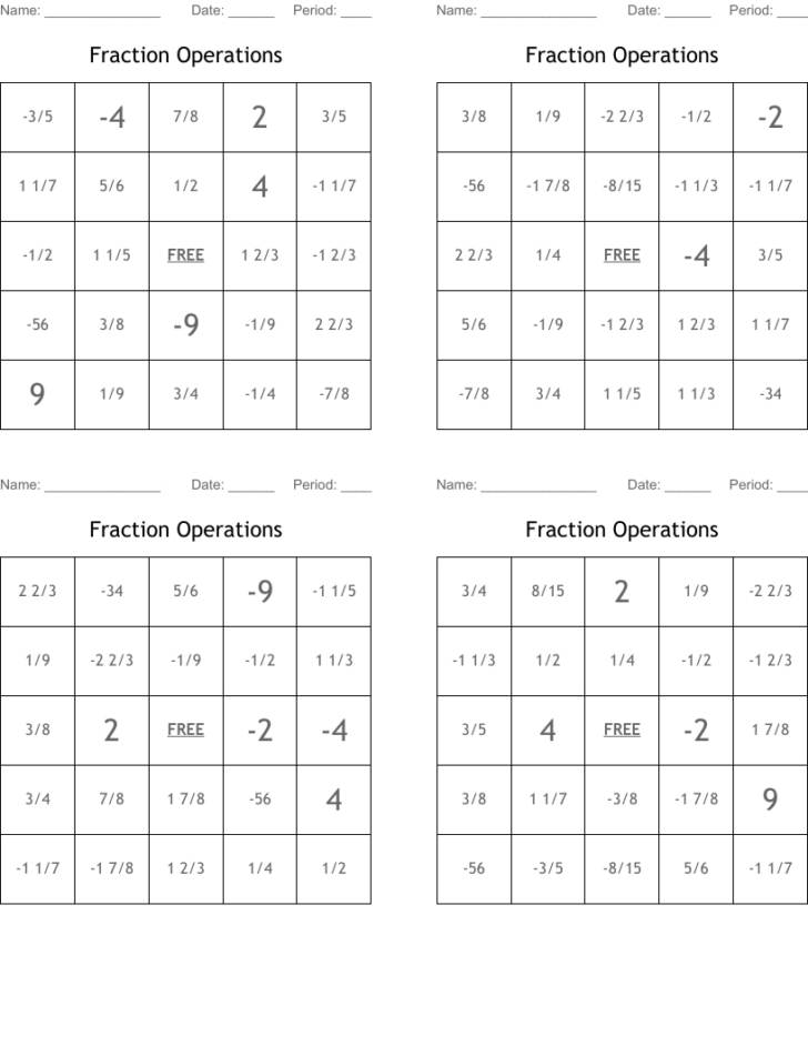 Fraction Bingo Cards Printable Free