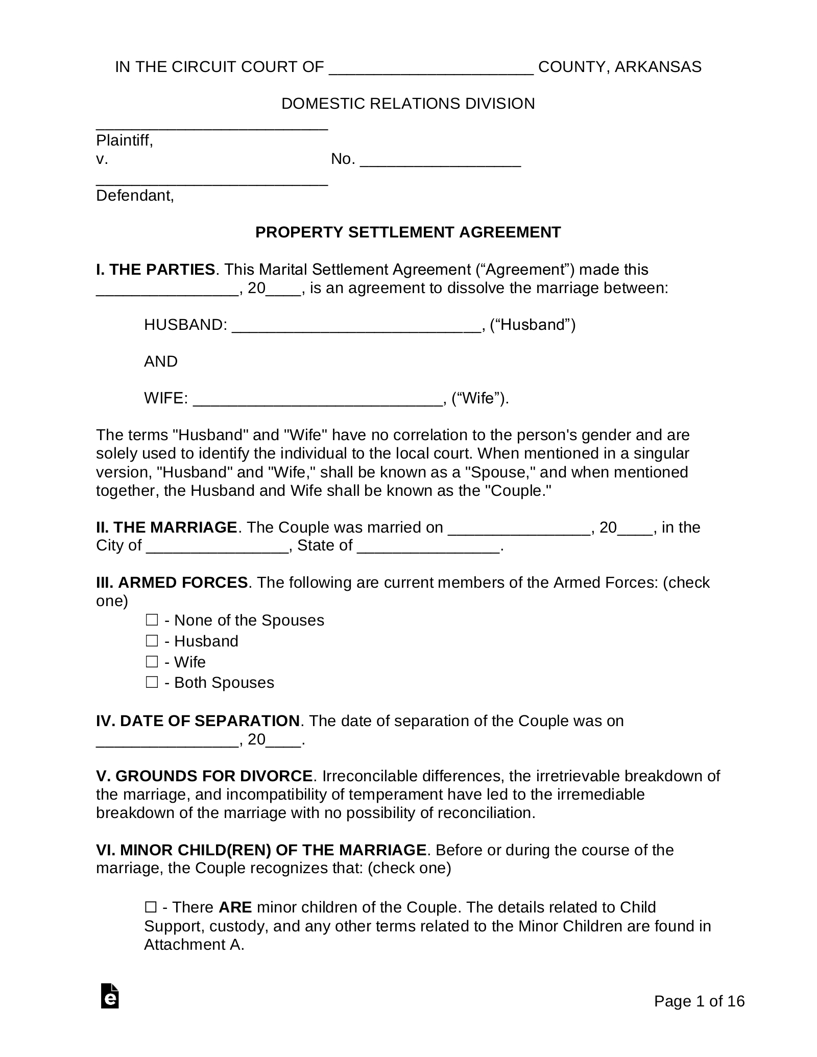 Free Arkansas Marital Settlement (Divorce) Agreement - Pdf | Word regarding Free Printable Divorce Papers For Arkansas