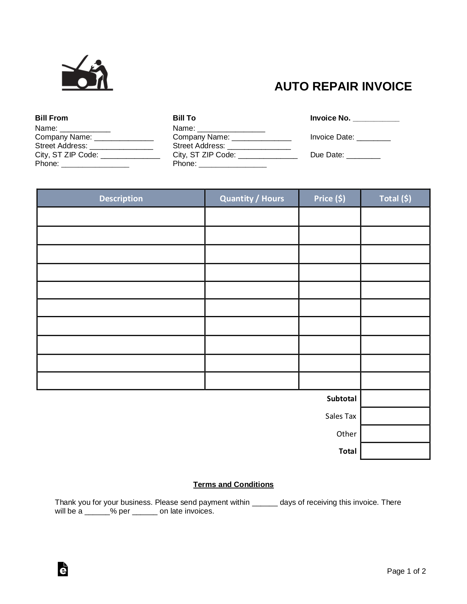 Free Auto Body (Mechanic) Invoice Template - Pdf | Word – Eforms in Free Printable Auto Repair Invoice Template