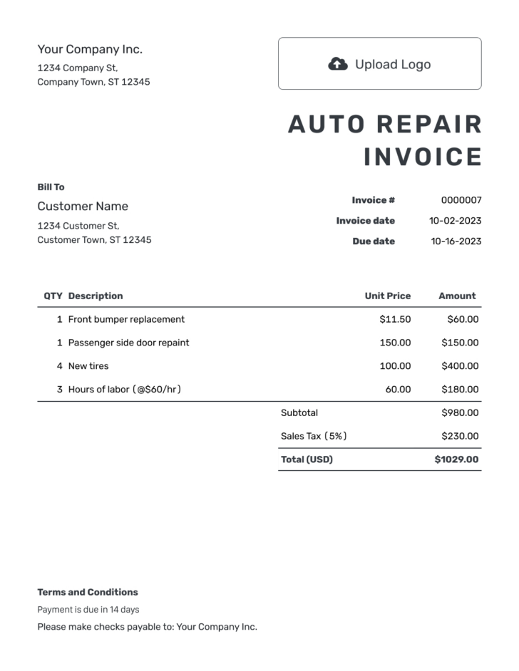 Free Printable Auto Repair Invoice Template