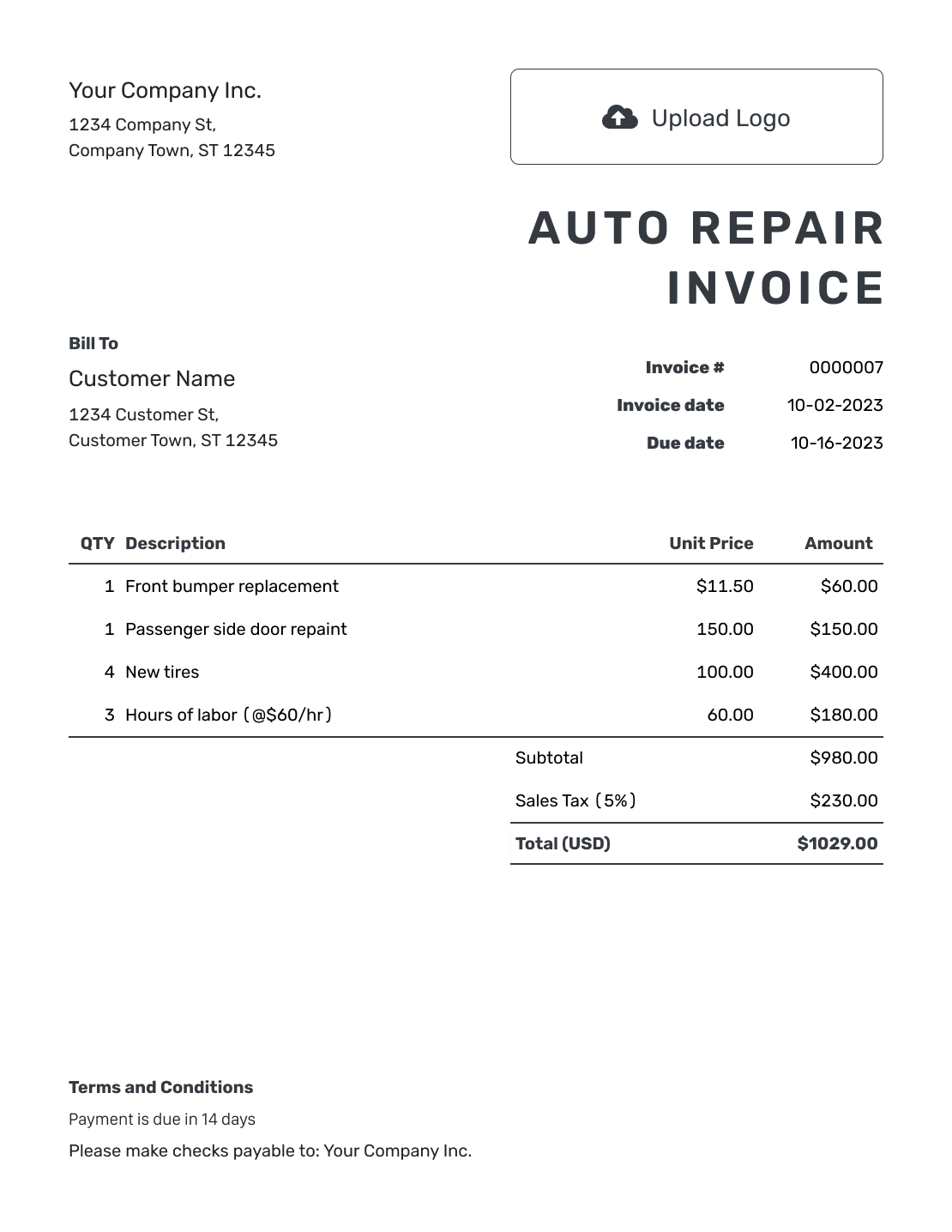 Free Auto Repair Invoice Template | Docelf inside Free Printable Auto Repair Invoice Template