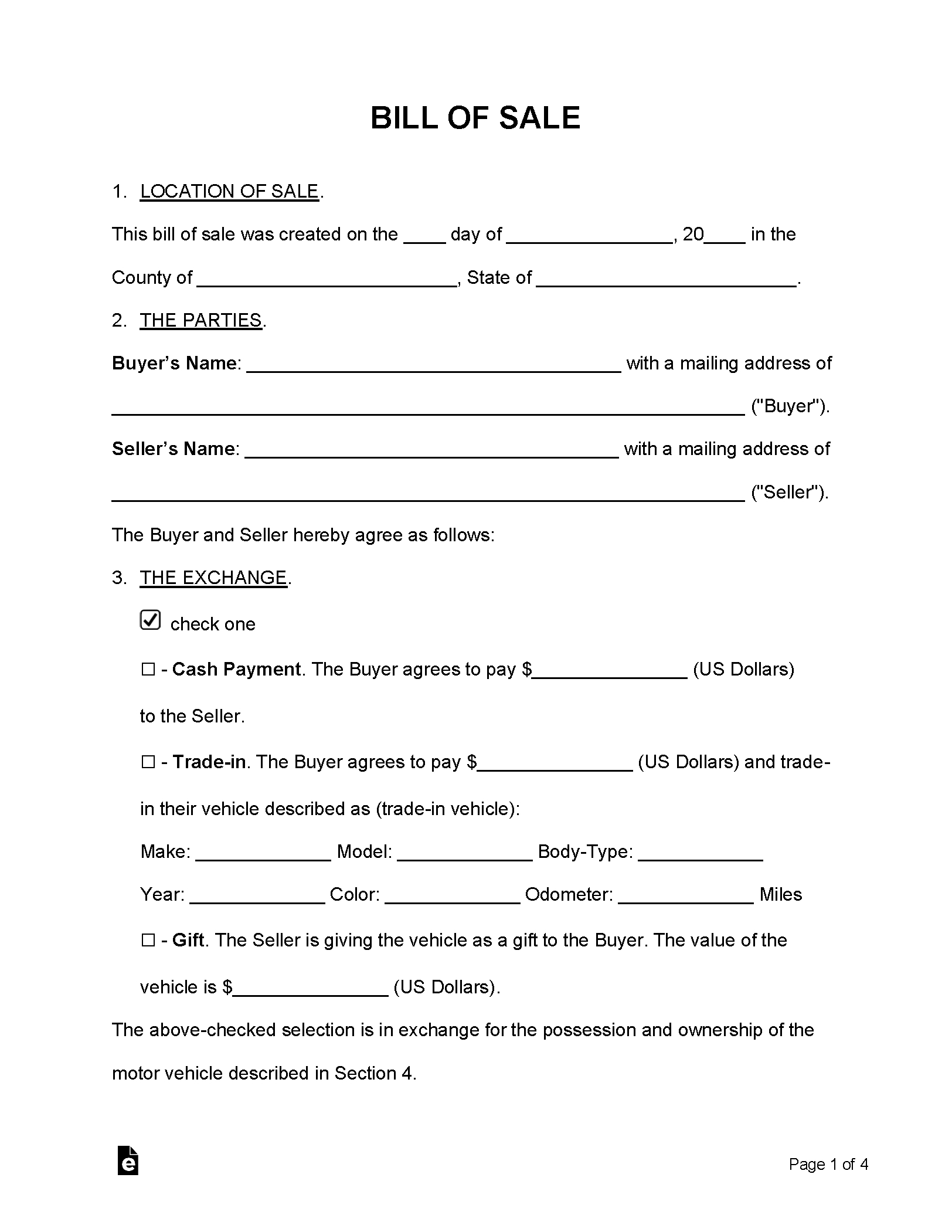 Free Bill Of Sale Forms (24) - Pdf | Word – Eforms for Free Printable Bill of Sale For Car