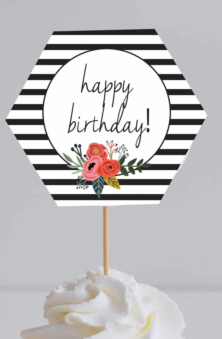 Free Black And White Cupcake Toppers Printables within Free Printable Happy Birthday Cake Topper