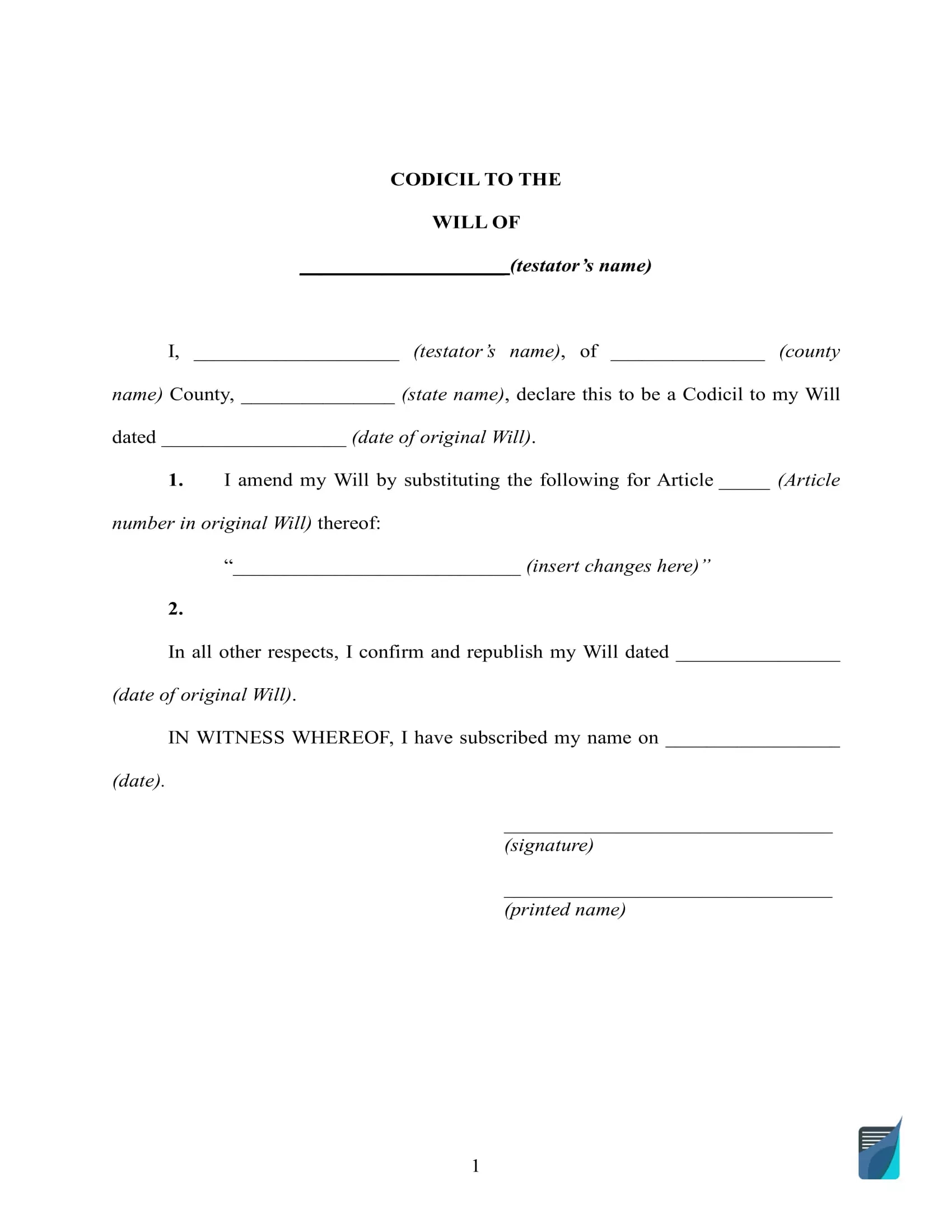 Free Codicil To Will Form ⇒ Printable Codicil Pdf Template within Free Printable Codicil Form