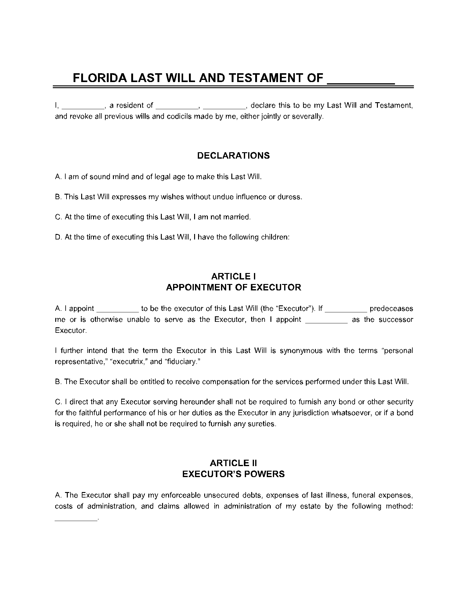 Free Florida Last Will And Testament Form | Cocosign for Free Printable Last Will And Testament Blank Forms Florida