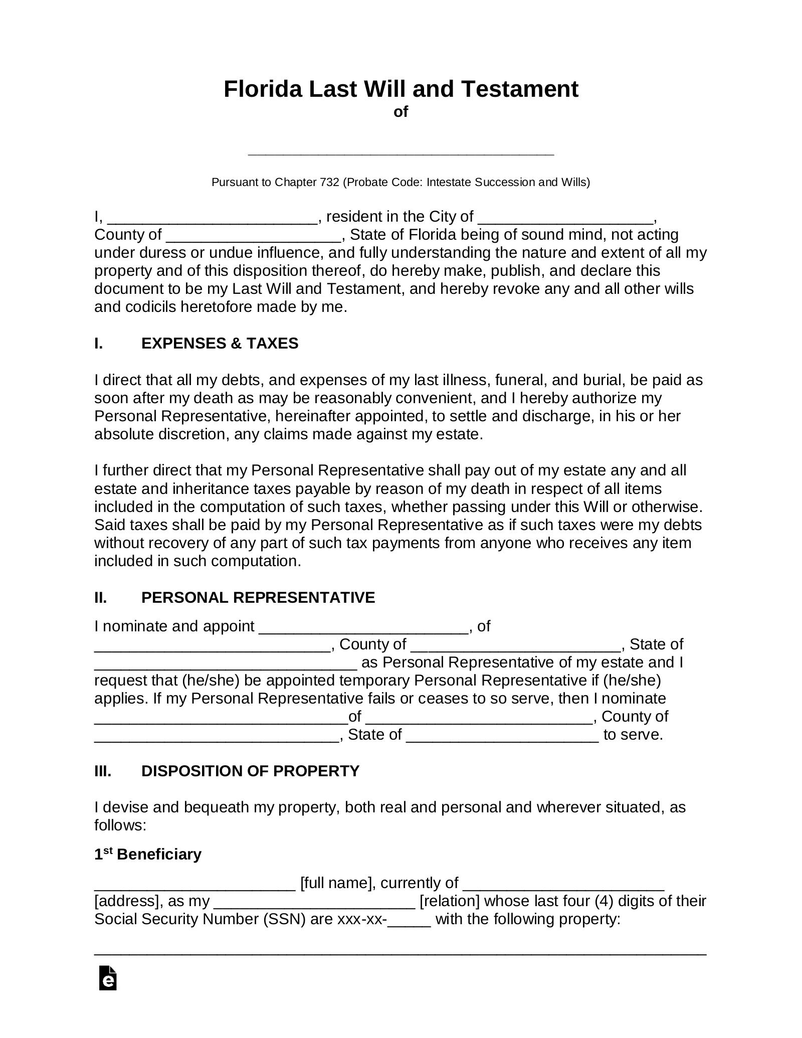 Free Florida Last Will And Testament Template - Pdf | Word – Eforms with regard to Free Printable Last Will And Testament Blank Forms Florida