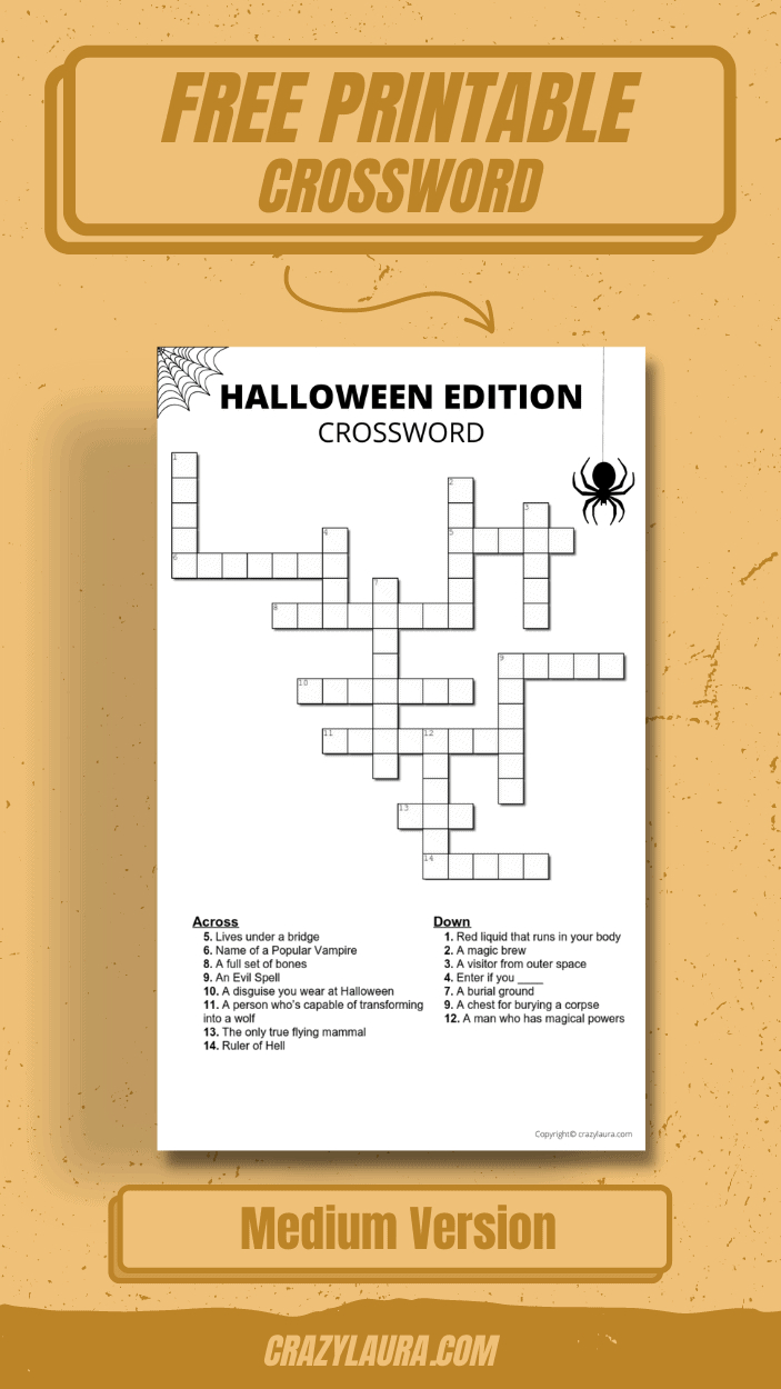 Free Halloween Crossword Printable Game Sheets - Crazy Laura inside Free Printable Crosswords Medium