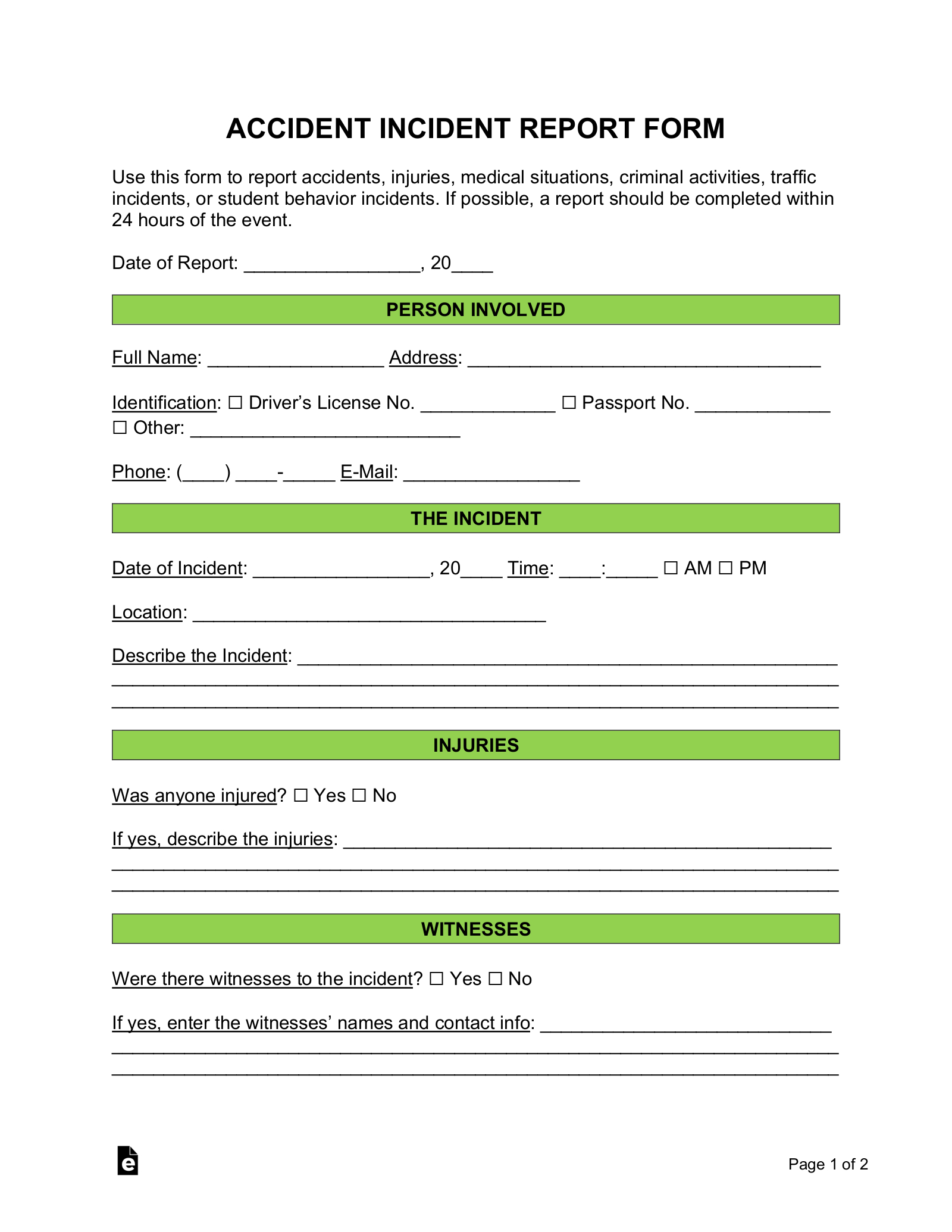 Free Incident Report Templates (18) | Sample - Pdf | Word – Eforms inside Free Printable Incident Report Form