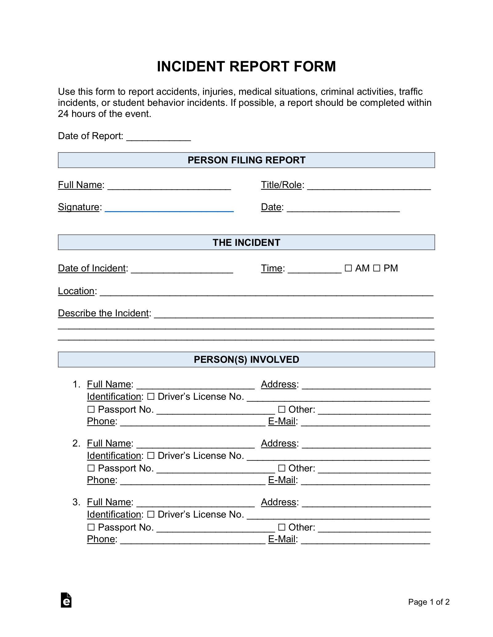 Free Incident Report Templates (18) | Sample - Pdf | Word – Eforms throughout Free Printable Incident Report Form