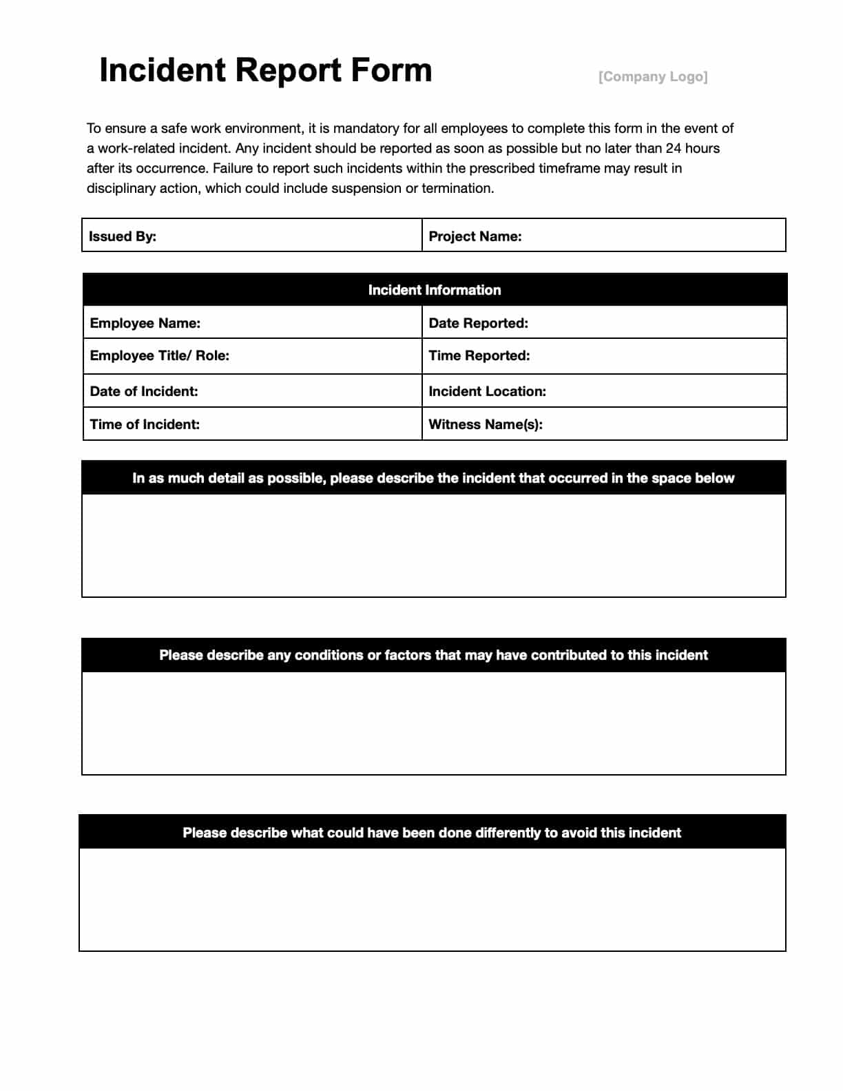 Free Incident Report Templates: Download + Print In Pdf + Office + with Free Printable Incident Report Form