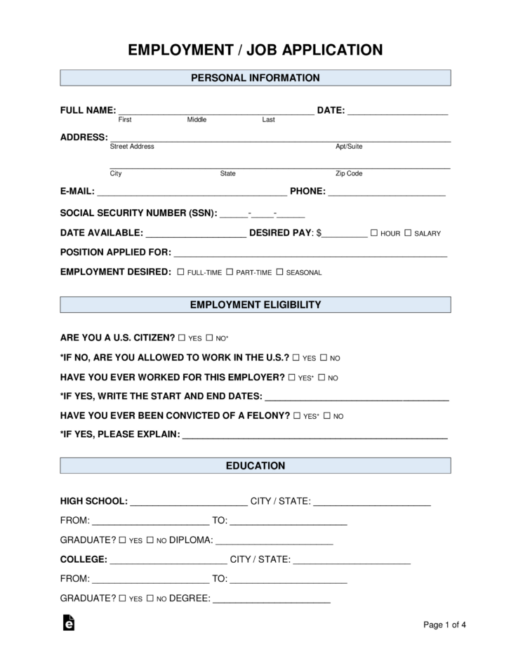 Free Printable Employment Application Free Printable Employment Application