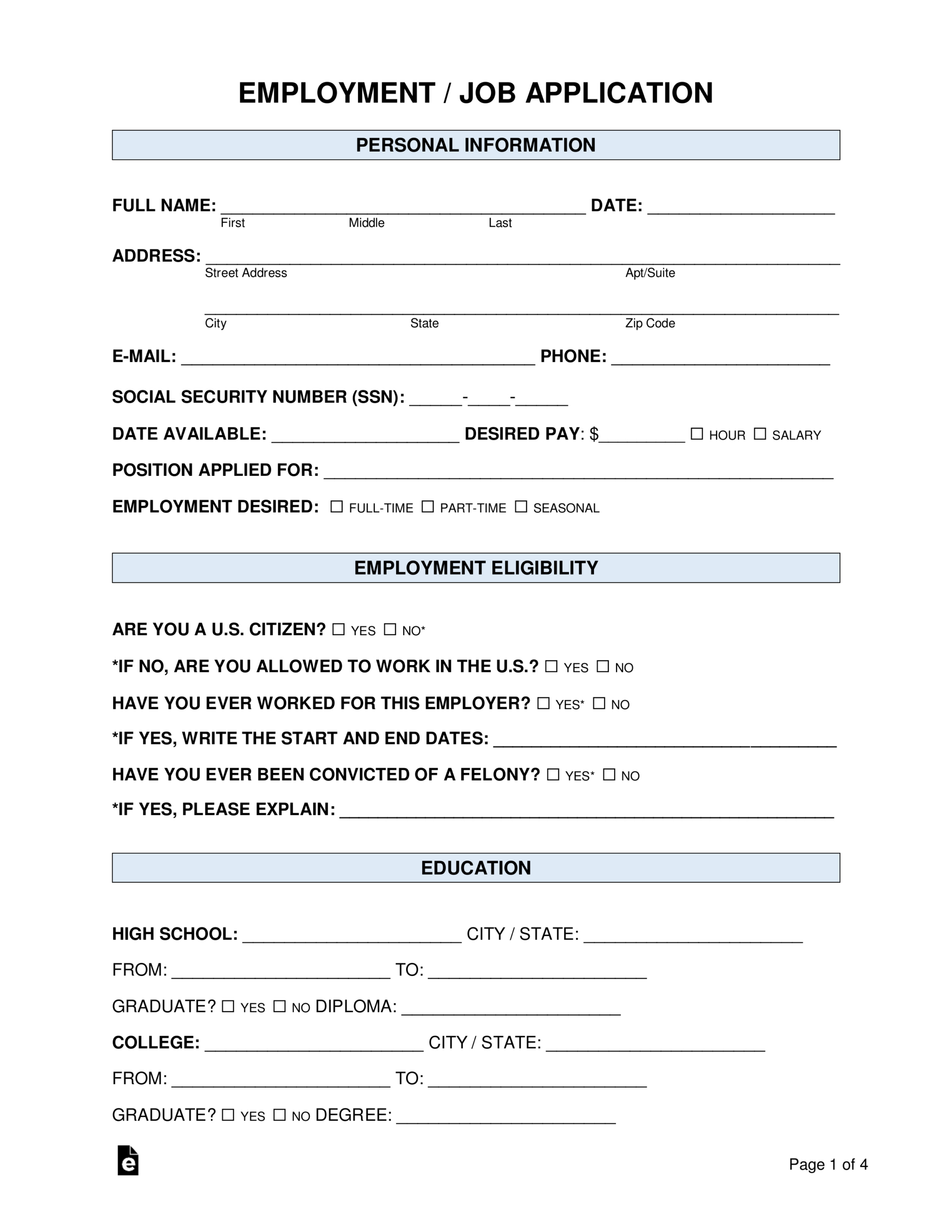 Free Job Application Forms (2) - Pdf | Word – Eforms regarding Free Printable General Application For Employment