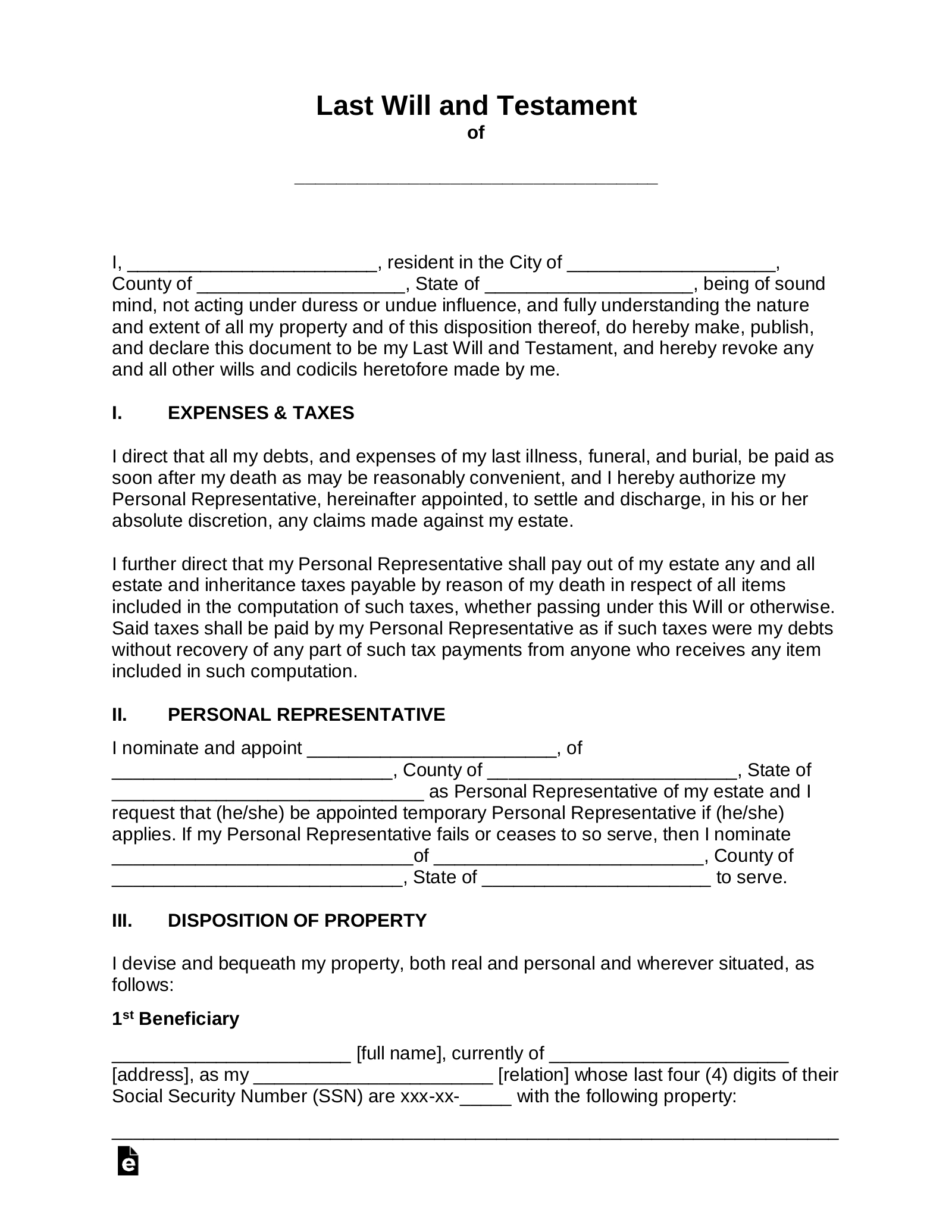 Free Last Will And Testament (Will) - Pdf | Word – Eforms in Free Online Printable Living Wills