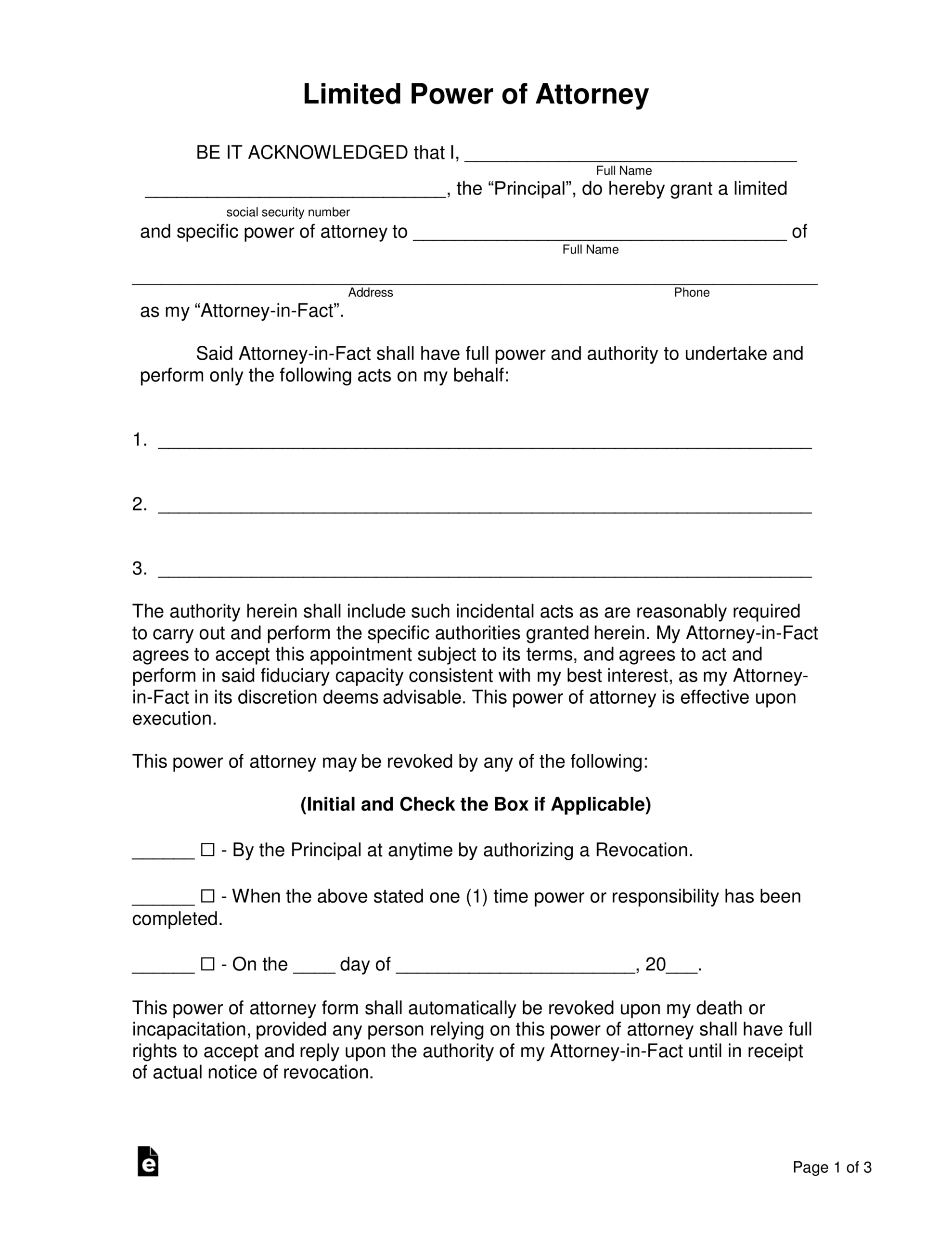 Free Limited (Special) Power Of Attorney Form - Pdf | Word – Eforms with regard to Free Printable Power of Attorney