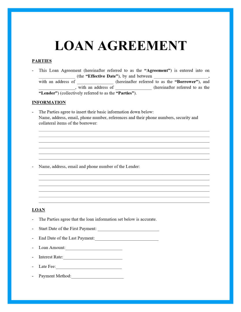 Free Loan Agreement Templates And Sample with regard to Free Printable Blank Loan Agreement
