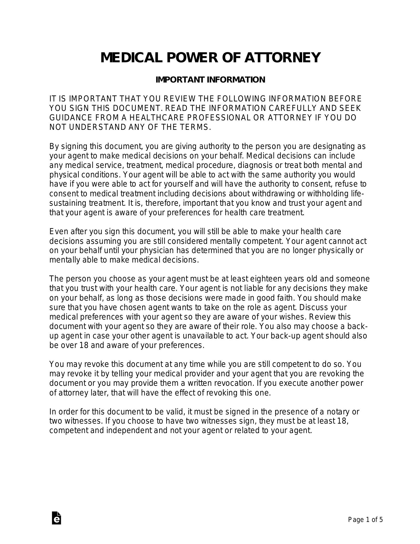 Free Medical Power Of Attorney (Mpoa) Form - Pdf | Word – Eforms regarding Free Printable Medical Power Of Attorney Forms