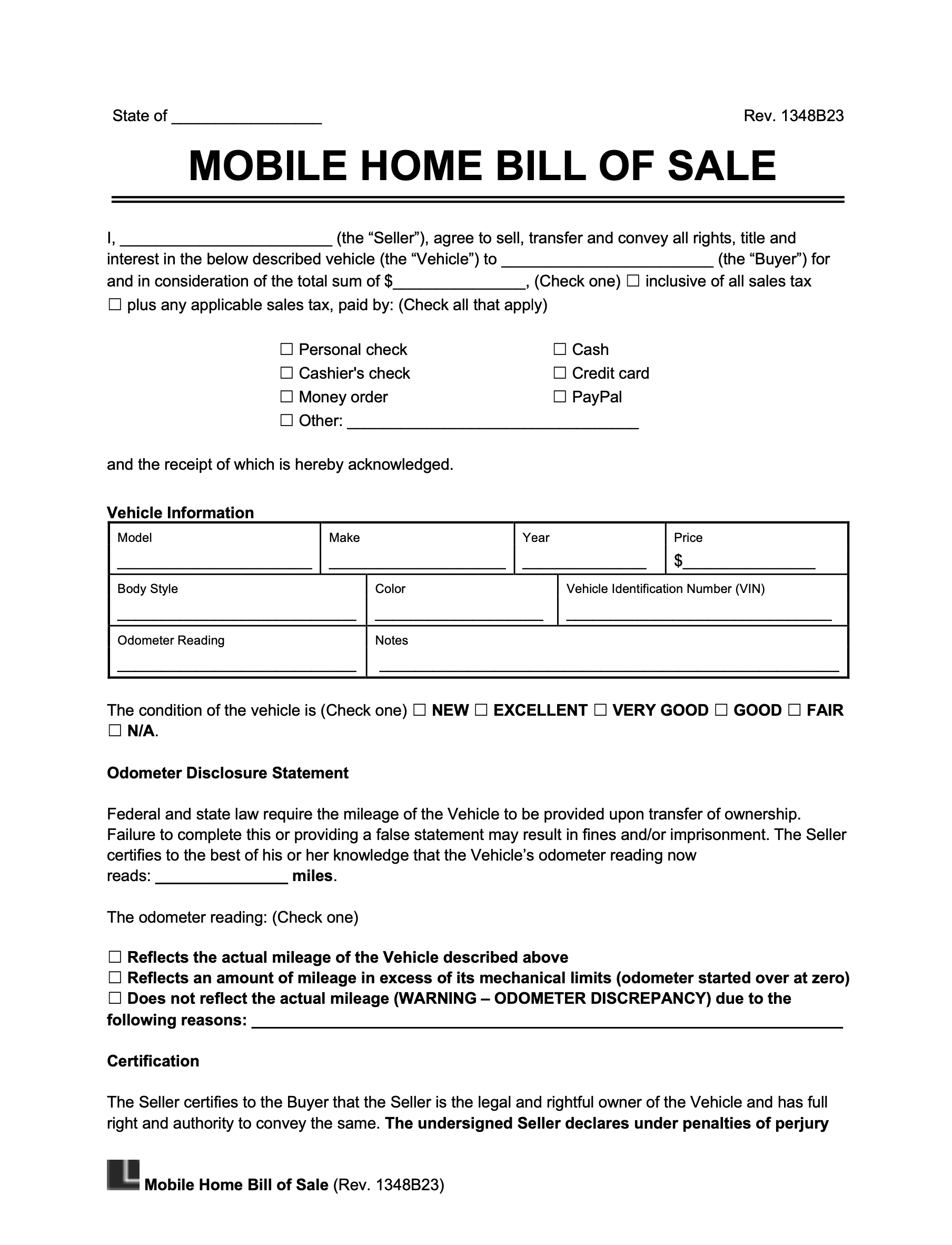 Free Mobile (Manufactured) Home Bill Of Sale Form | Legal Templates throughout Free Printable Mobile Home Bill of Sale