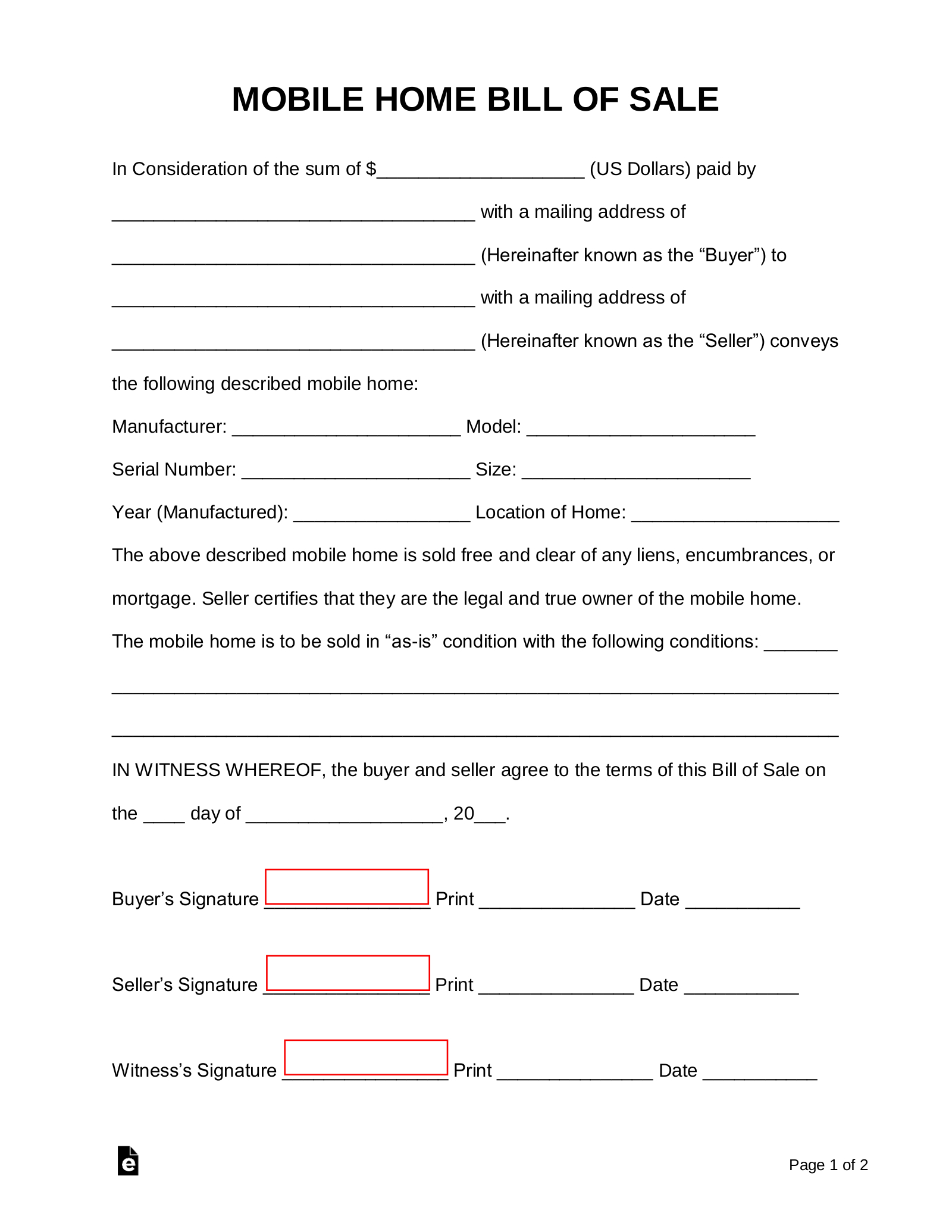 Free Mobile (Manufactured) Home Bill Of Sale Form - Pdf | Word with regard to Free Printable Mobile Home Bill of Sale