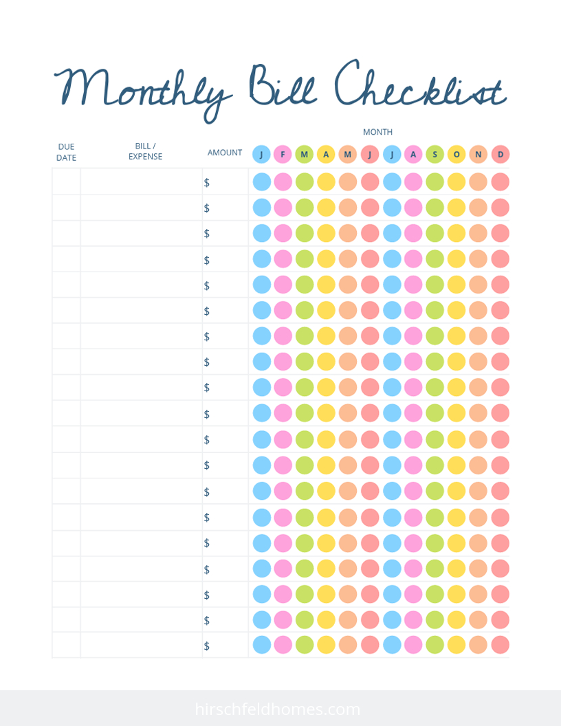 Free Monthly Bill Checklist | Hirschfeld in Free Printable Monthly Bill Checklist