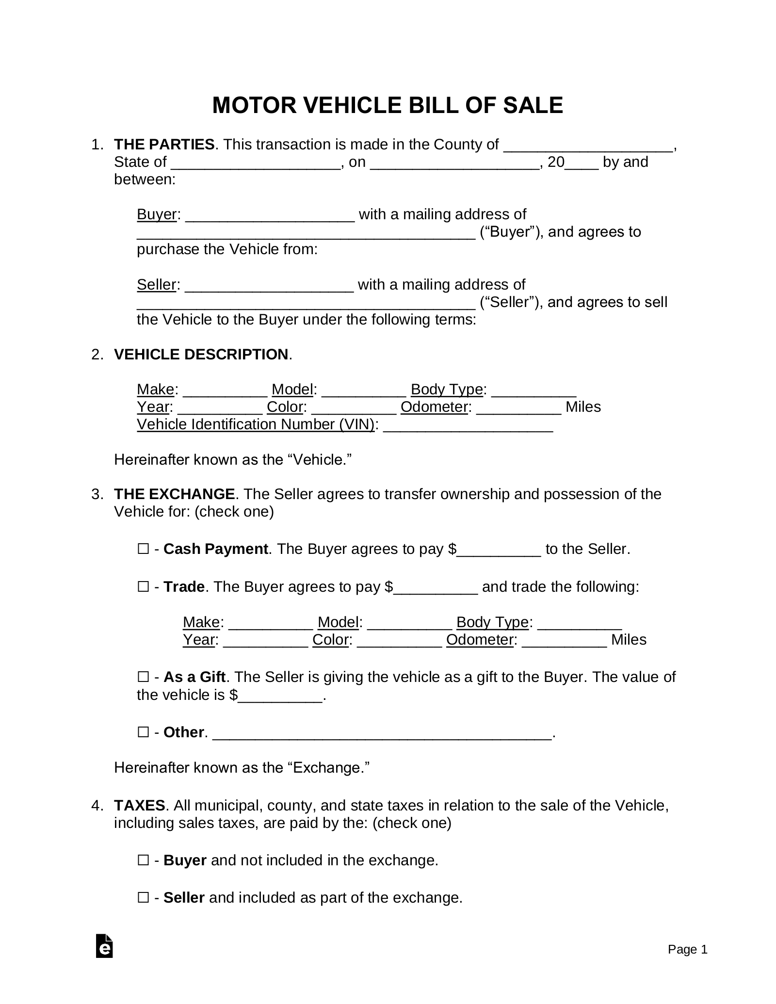 Free Motor Vehicle (Dmv) Bill Of Sale Form - Pdf | Word – Eforms for Free Printable Bill Of Sale For Car