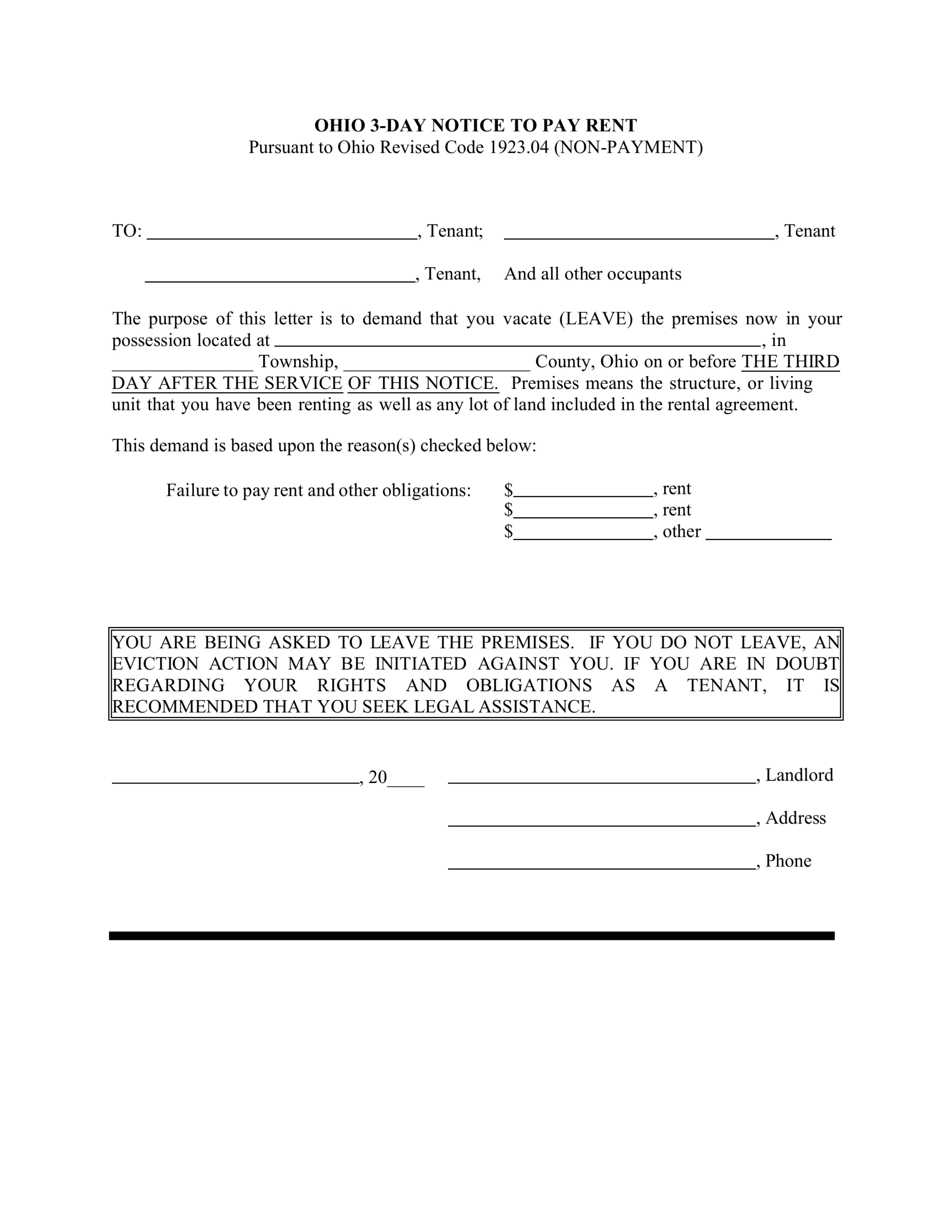 Free Ohio 3-Day Notice To Quit Form | Non-Payment - Pdf | Word inside Free Printable Eviction Notice Ohio