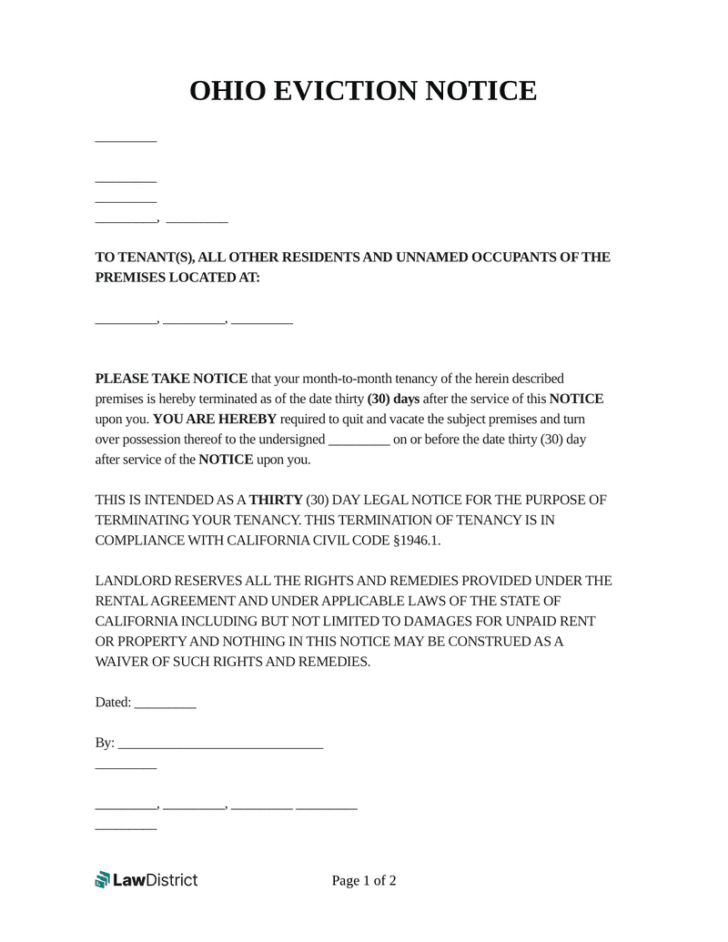 Free Printable Eviction Notice Ohio
