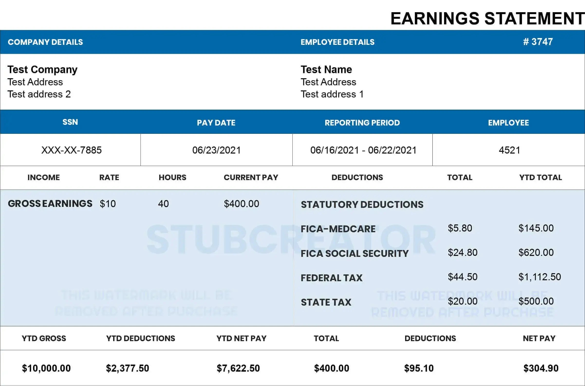 Free Pay Stub Template With Calculator | No Watermark | Download inside Free Printable Check Stubs Download