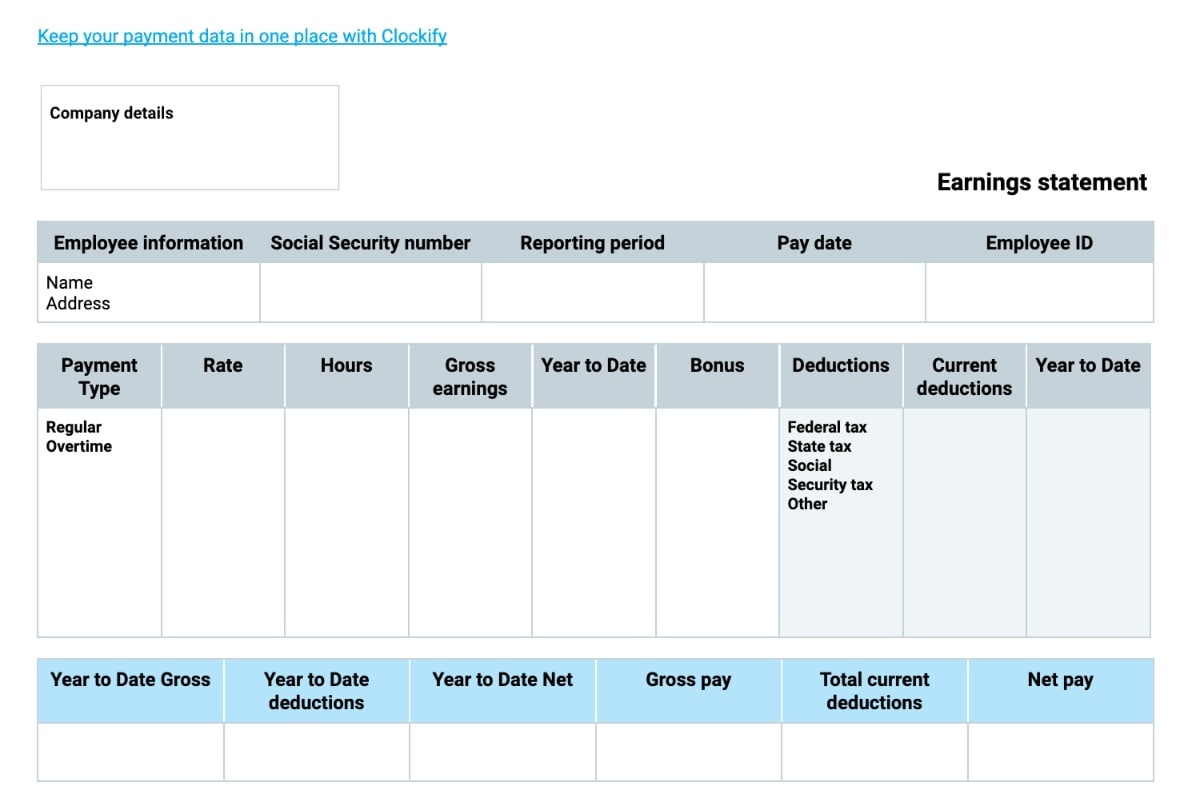 Free Pay Stub Templates — Clockify with regard to Free Printable Blank Check Stubs