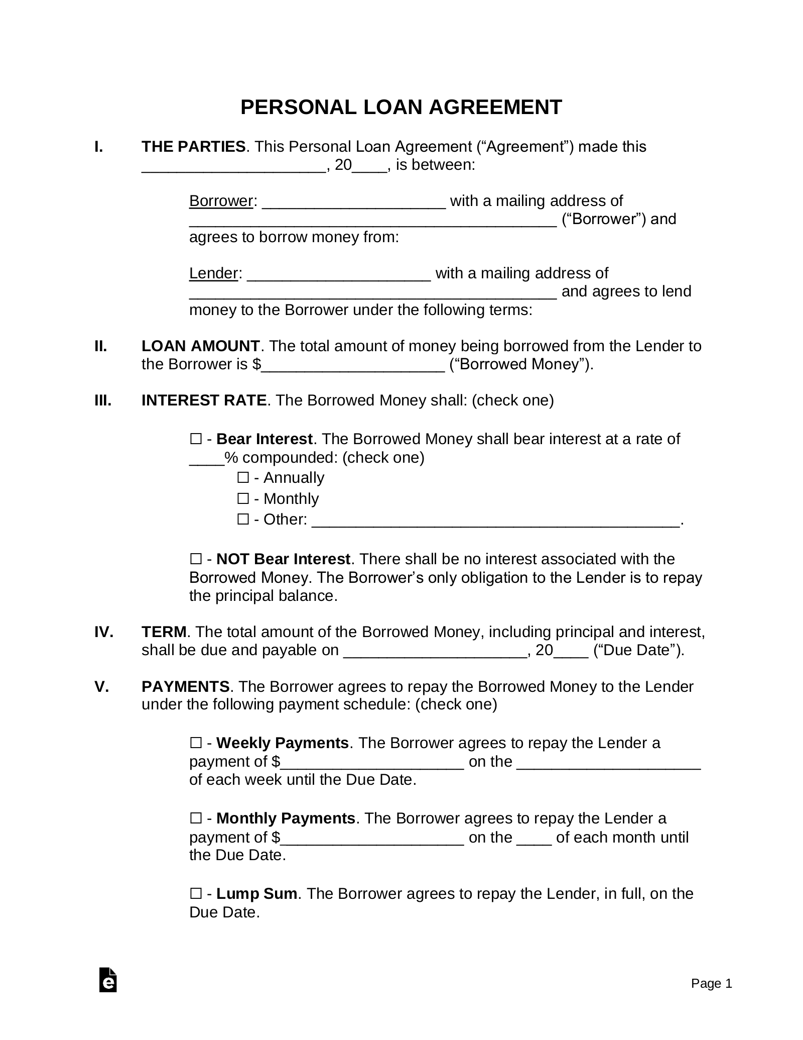 Free Personal Loan Agreement Template | Sample - Pdf | Word – Eforms throughout Free Printable Personal Loan Forms