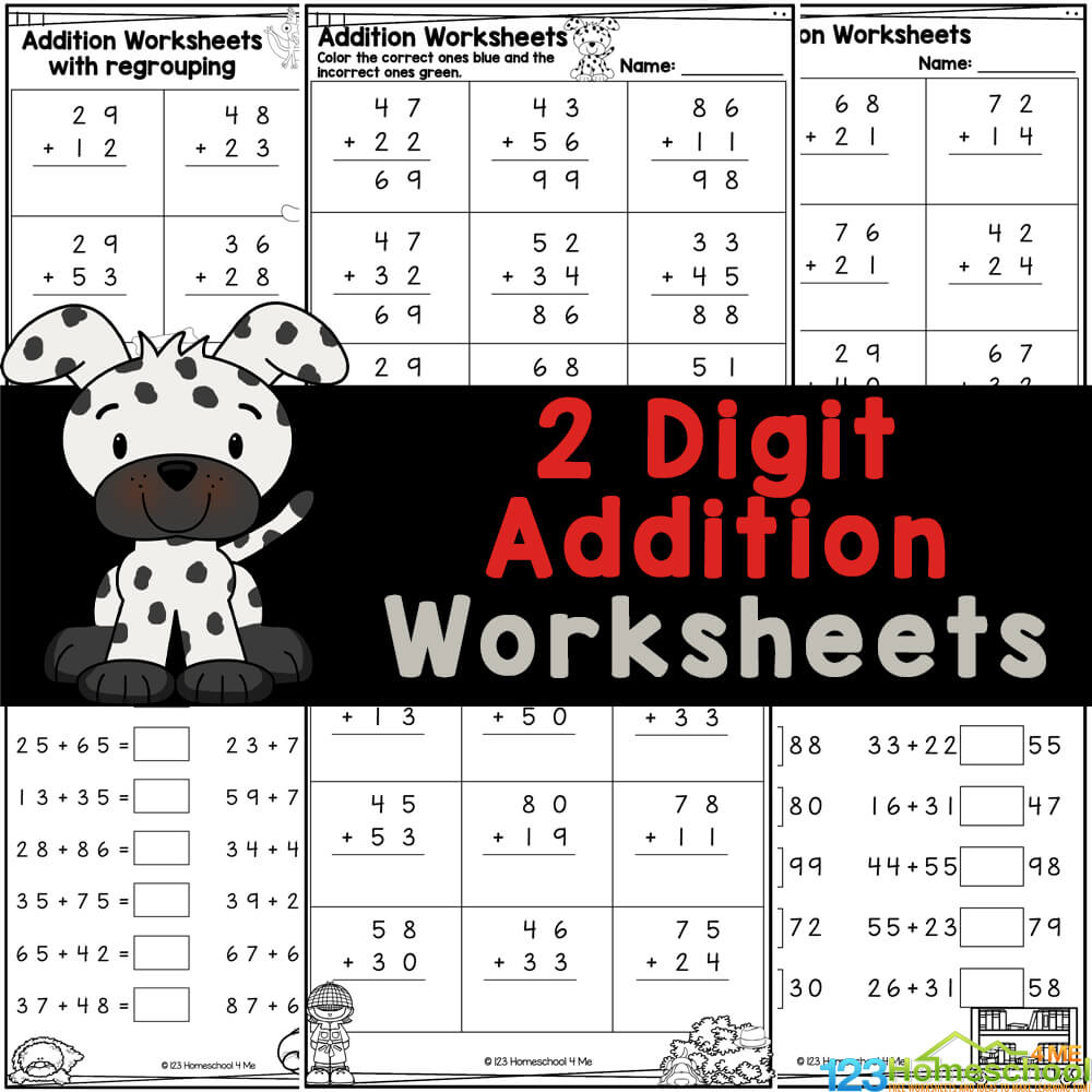 Free Printable 2-Digit Addition Worksheets With / Without Regrouping in Free Printable Two Digit Addition Worksheets