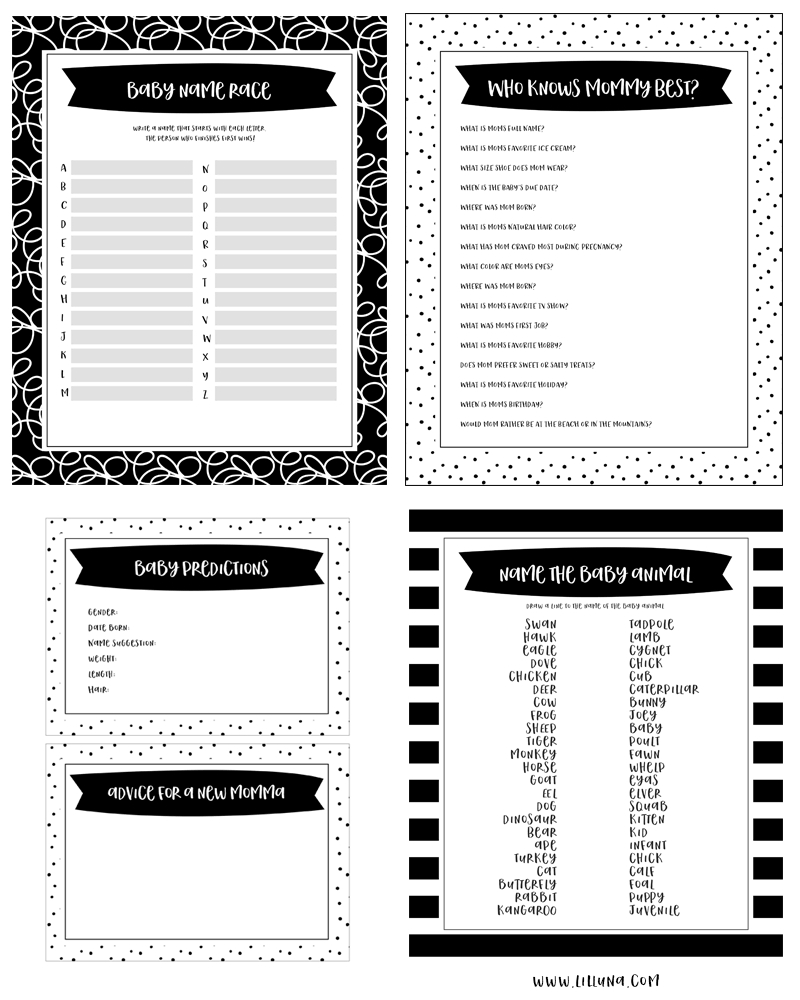 Free Printable Baby Shower Games - 5 Games (In 3 Colors!) | Lil&amp;039; Luna intended for Baby Name Race Free Printable